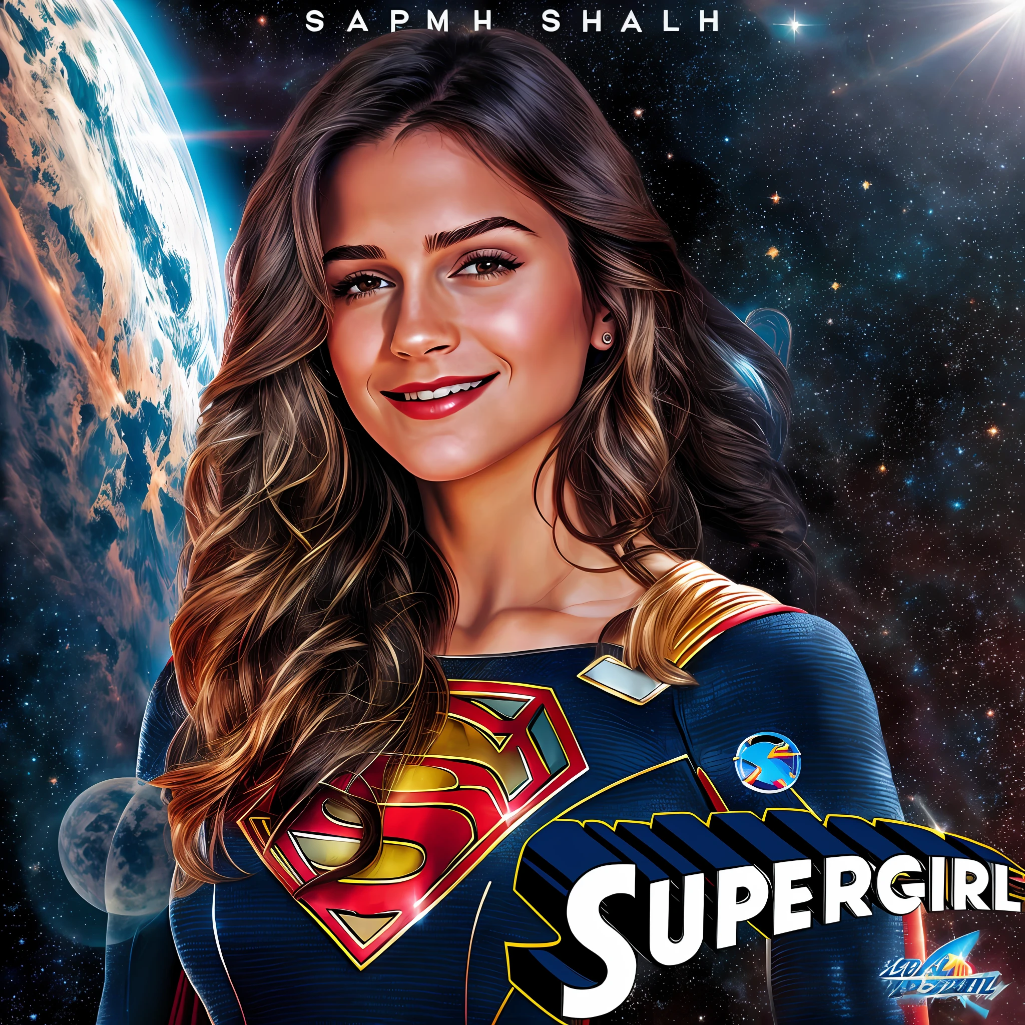 A closeup of a woman in a Superman costume with a planet in the background, Supergirl, official art, official fanart, official art, Sasha Calle as Supergirl, promotional art, no text, promotional image, Emma Watson as Supergirl, super, promotional image, superhero girl, official print, official fan art, Supergirl anime look, Saiyan Girl