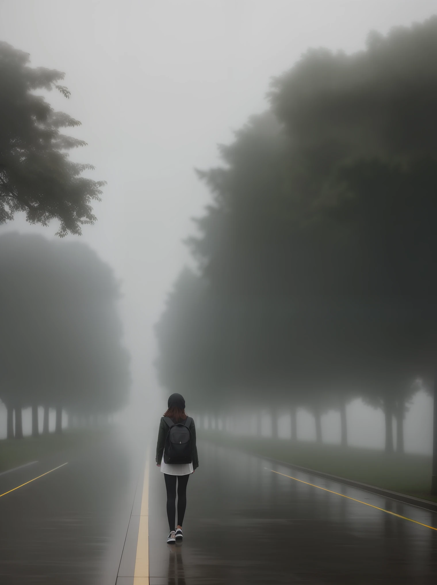 The back of a 17 year old girl walking in a hazy rain