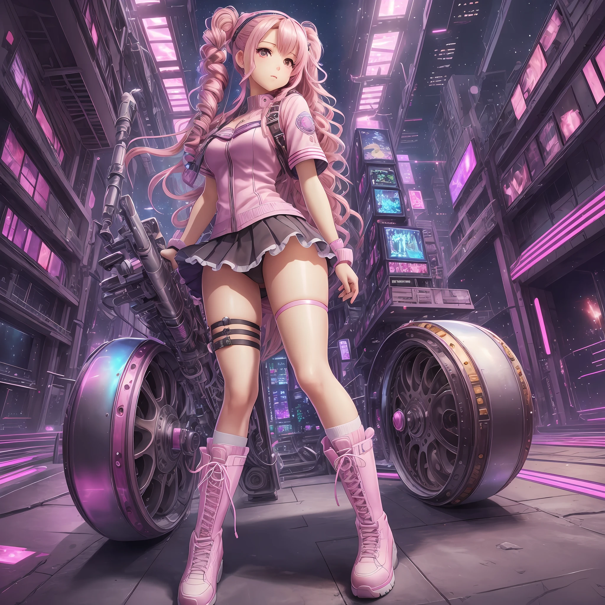 high resolution, best quality, masterpiece, very high image quality, ultra-detailed, hyperrealistic, 3d, anime, illustrations, fantasy, hard rock girl, very beautiful cute, pink wavy hair, side braid, miniskirt, thong, knee high socks, engineer boots, background cyber punk city galaxy --auto --s2