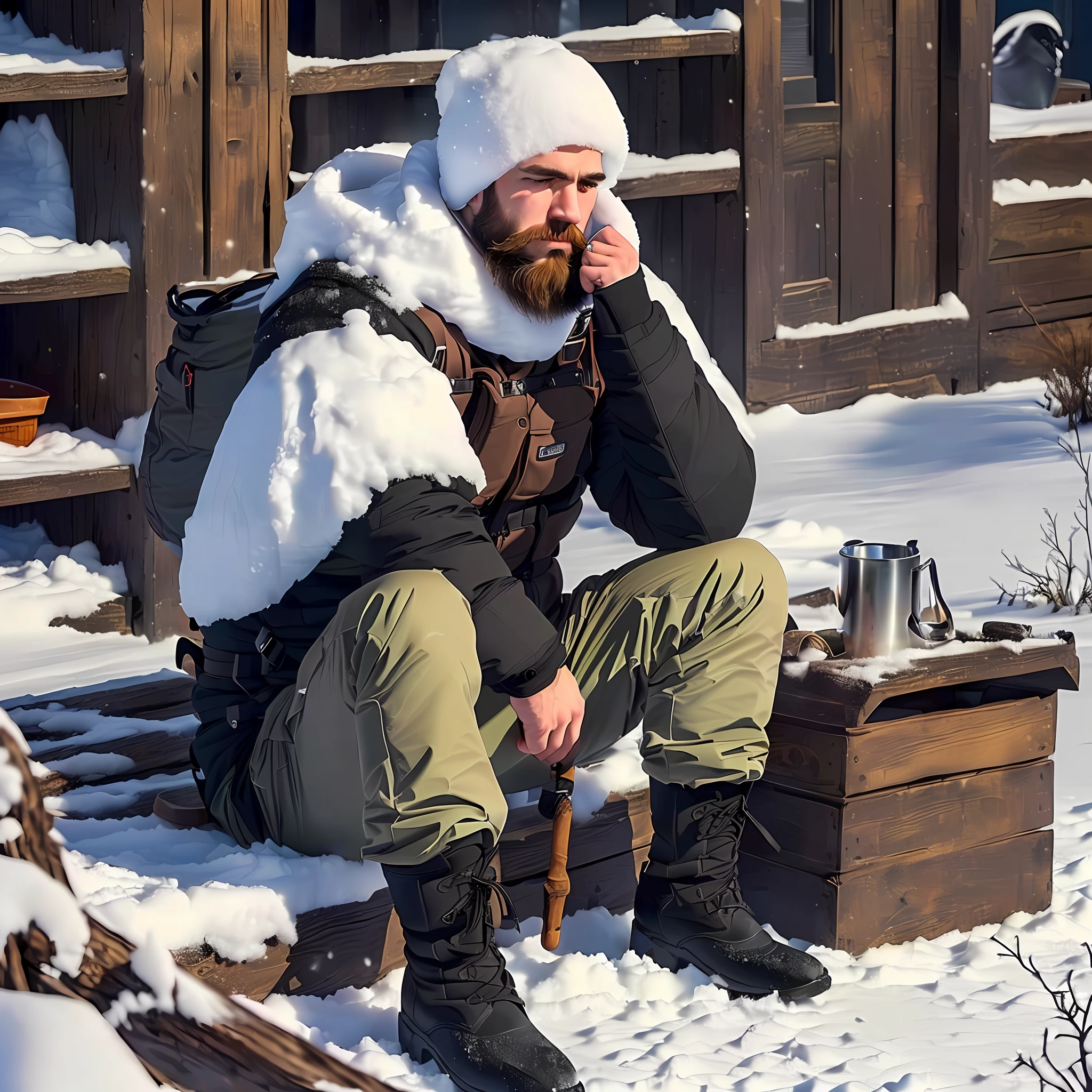 man,sitting,boot,hood,beard,snow,antarctica,cold,frozen,all black clothing --auto --s2