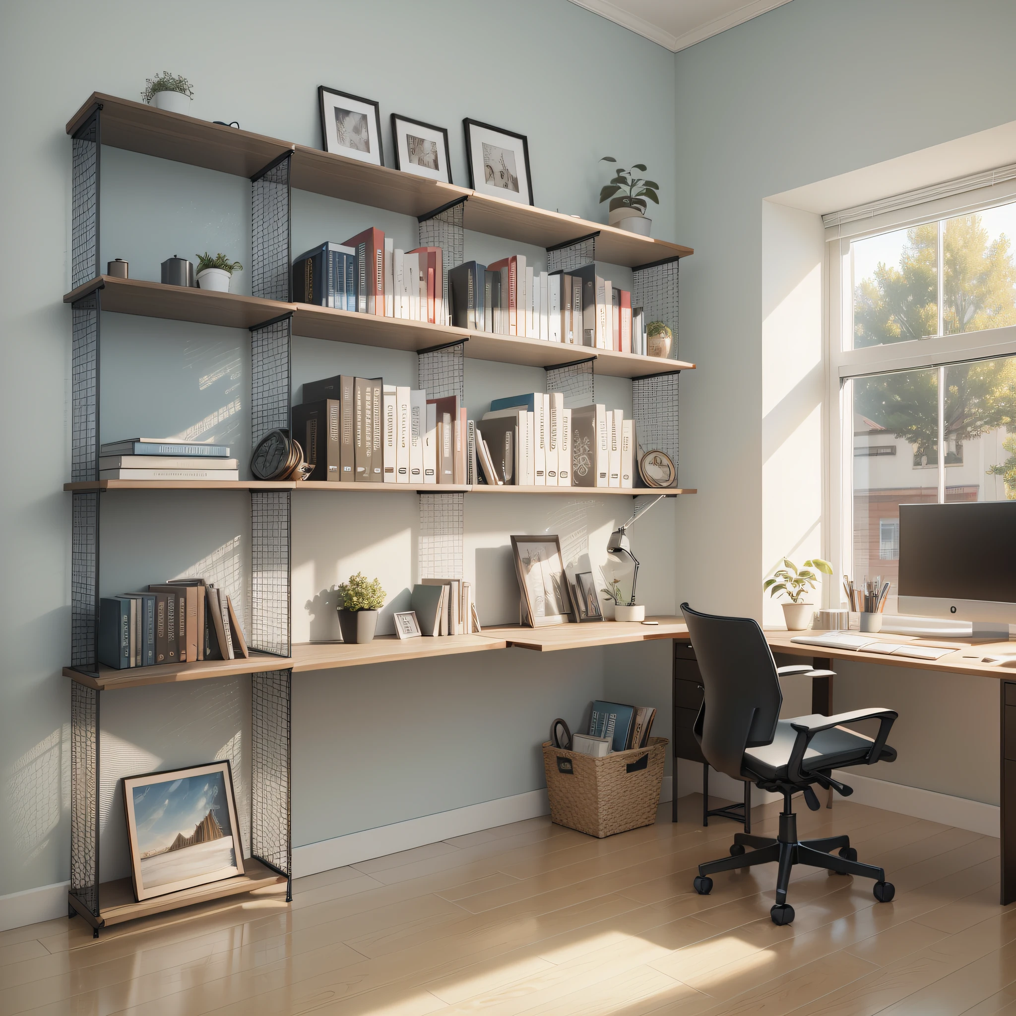 ((masterpiece)),((best quality)),((high detail)),((realistic,)) office, full view, metal bookcase and mdf, walls with painting in sober colors and details, minimalist style, --auto --s2