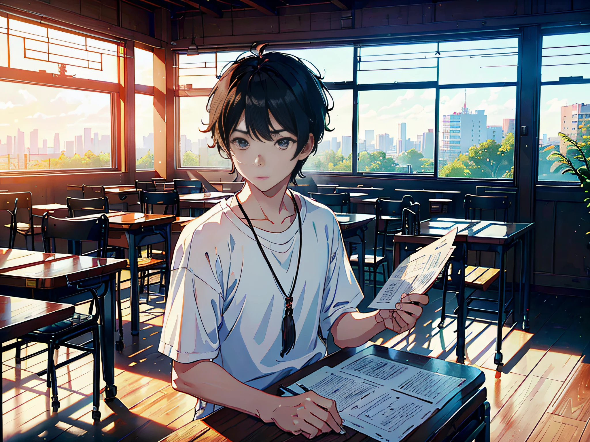 A man is sitting in the classroom, boy, male classmate, in the campus classroom, this male classmate is wearing a white T-shirt, short black hair, (hand picking up test paper 1.8), the lens is mainly featured on the upper body, in the Loepfe art style ((Xinhaicheng), popular in CGStation, Shinhaicheng H 2160, inspired by Bian Shoumin, Xinhaicheng, Kavasi, Guwitz's style, high-quality pictures, 4K, 8K, resolution,