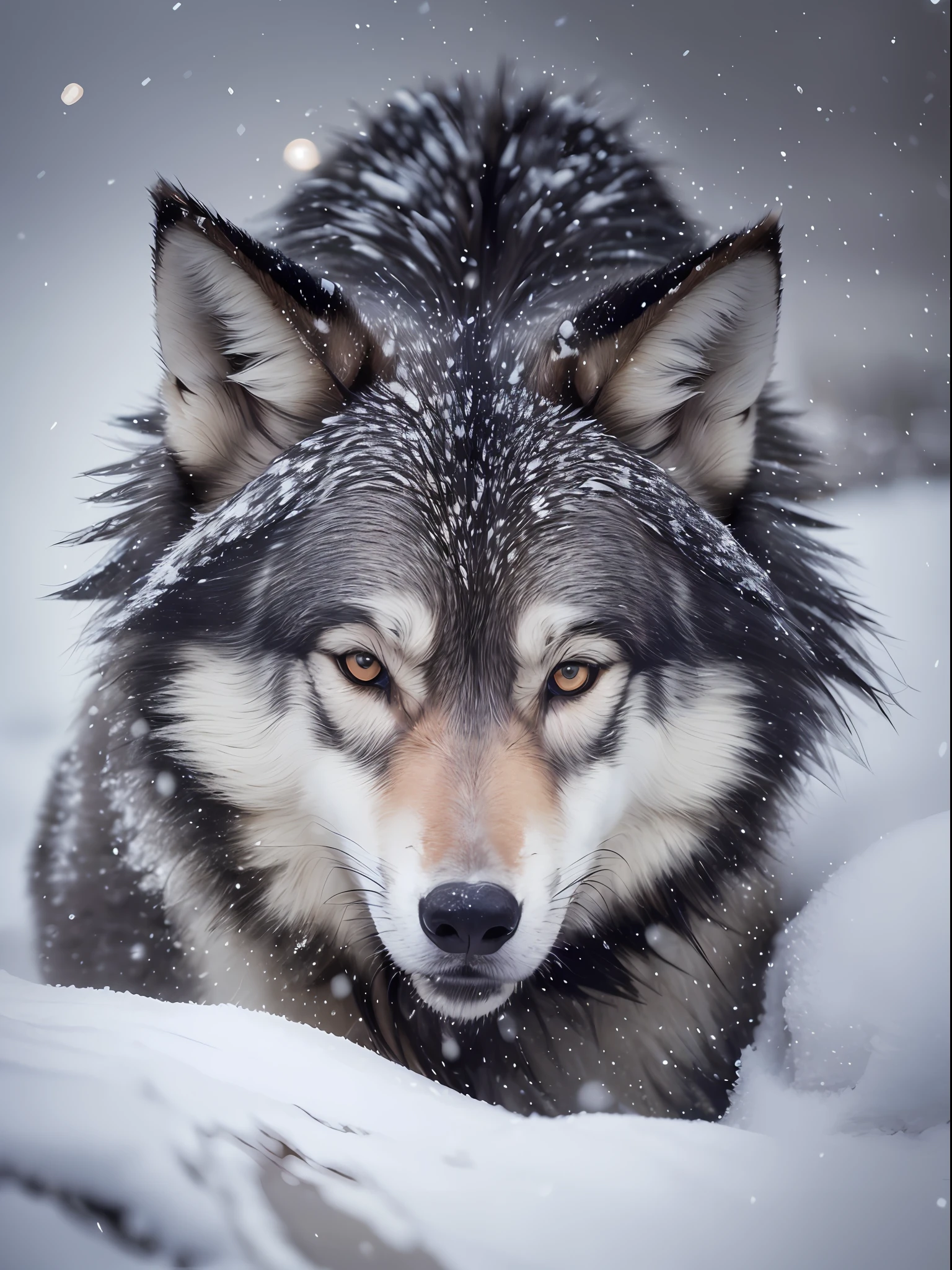 wolf, growling, black hair, golden eyes, highly detailed, detailed eyes, night, snow, (Top Quality, 8k, Masterpiece: 1.3), --auto --s2