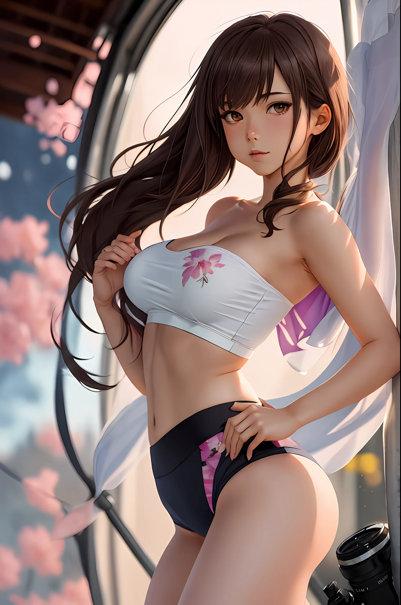 (naked), large breasts, (masterpiece), delicate, extremely detailed, (watercolor), flowery, delicate and beautiful, illustration, (bottom), (1girl:1.4), (solo:1.2), large breasts, (tight yoga clothes: 1.3), sportswear, (shorts: 1.2), strapless, (underboob: 1.2), ((dark skin: 0.8)), beautiful eyes, (shaggy hair), photography, strapless photo, Alex Maleev, professional, canon camera, nikon camera, sharp, bokeh, studio quality, fisheye lens, robert cape, anime style