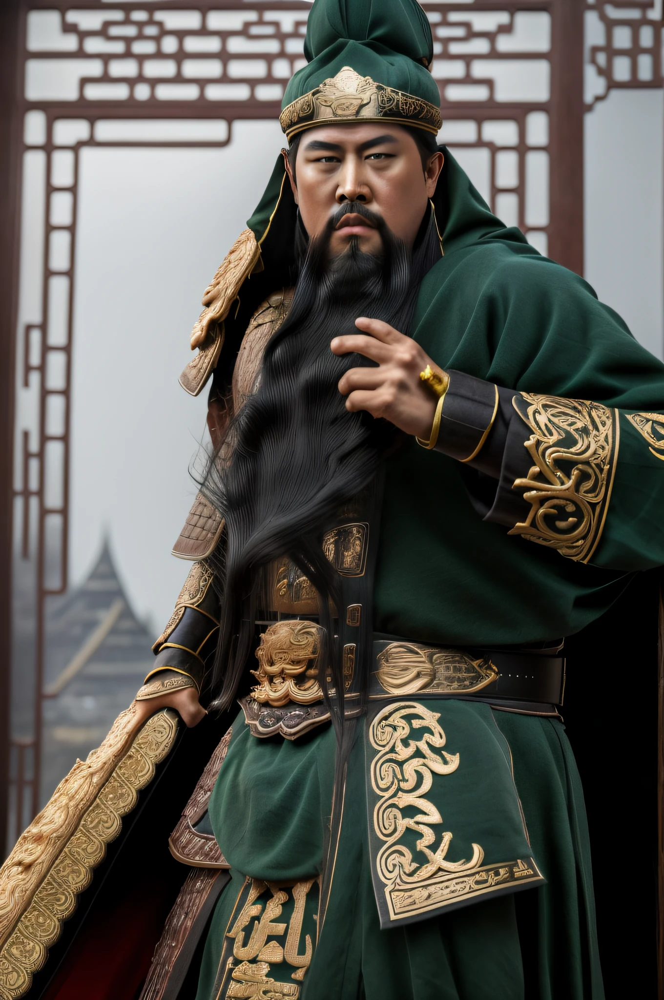 The whole body, including the crown of the head, (green clothes, hands, fearless face, (colored skin,), (long heavy black beard): 1.2), (Three Kingdoms period clothing: 1.2), long pants, (insanely detailed, bloom: 1.5), (highest quality, photo, 4K), (photo: 1.2), (high sharpness), (detailed pupil: 1.1), (photo: 1.1), detailed face and eyes, masterpiece, best quality, ( High definition photo:1.1), 8k, photorealistic, (black hair color), (pureerosface_v1:0.2), [:( detail face:1.2):0.2], sharp, real, real shadow, (Chinese castle background:1.2), Guan Yu