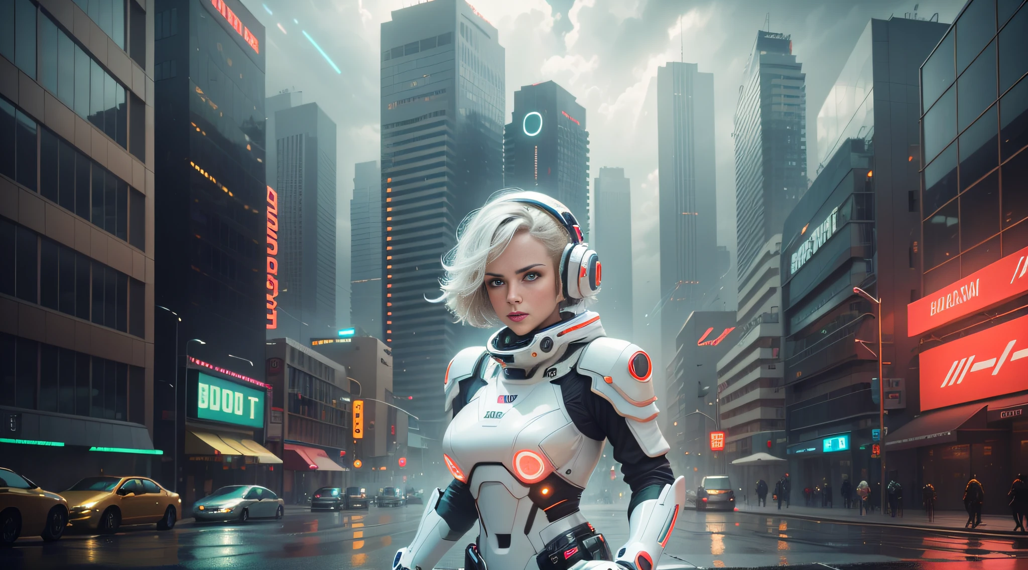 maximum quality, photorealism, 8k, film, high resolution, white woman, 8k, perfect face, bright eyes, 8k, running with a laser gun in hand and space suit with neon lights, 8k, next to a giant red, silver and gold robot, maximum quality, 8k, background of a futuristic city, winding buildings, metal, glass, concrete, dramatic light, fog,  rain, water, low view, general plan, medium depth of field, lomography, neon, maximum quality, gorgeous, masterpiece, photorealism, 8k, realistic high resolution texture, film grain, film, cinematic
