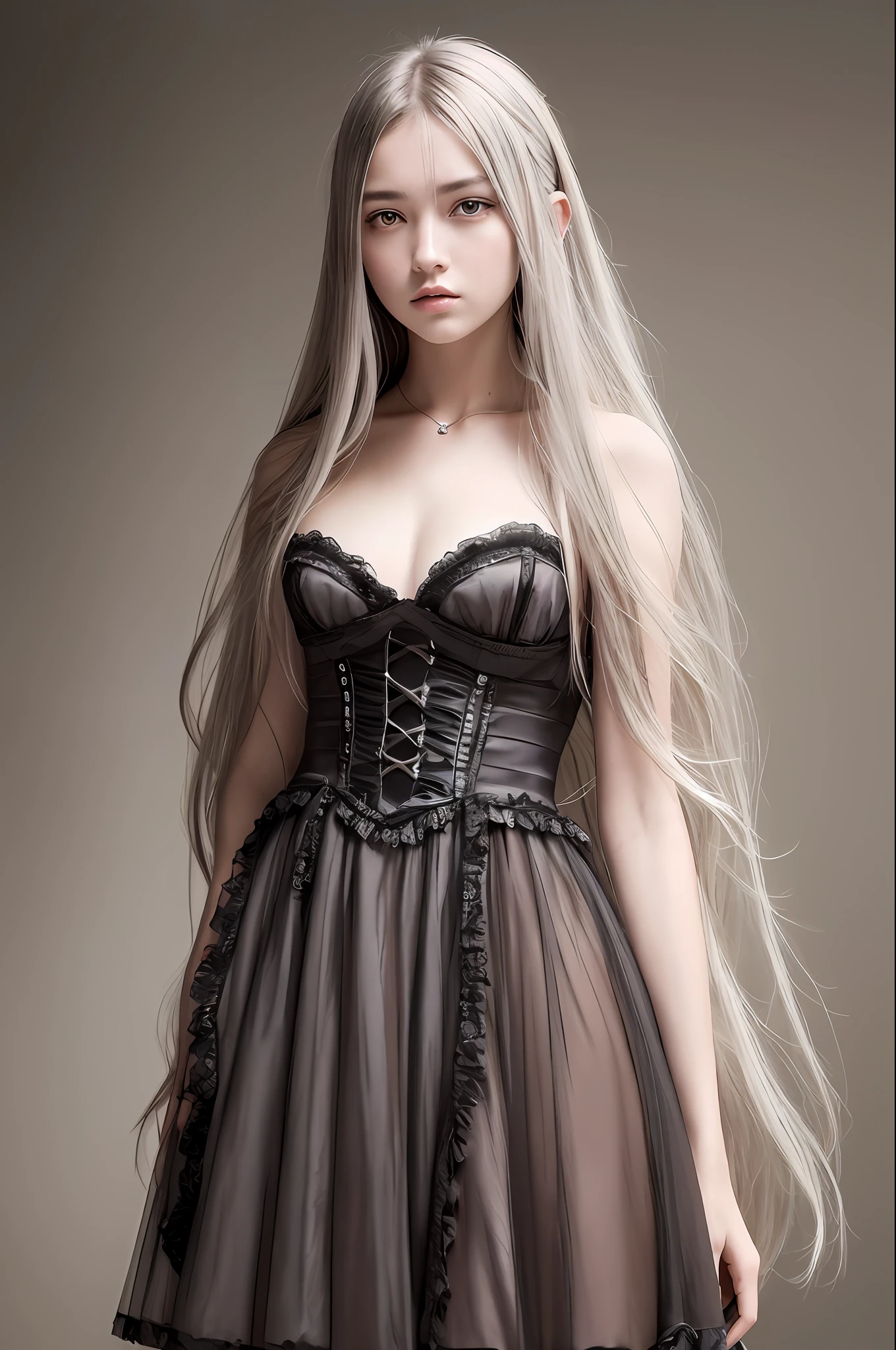 Top Quality, Masterpiece, Ultra High Resolution, (Photorealistic: 1.4), Raw Photography, Film Grain, 1girl, Long Hair, Silver Hair, Detailed Eyes and Face, Mini Dress with Ruffles, Dynamic Lighting, Dark, Deep Shadows, Unobtrusive, Cowboy Shots Ball Venue