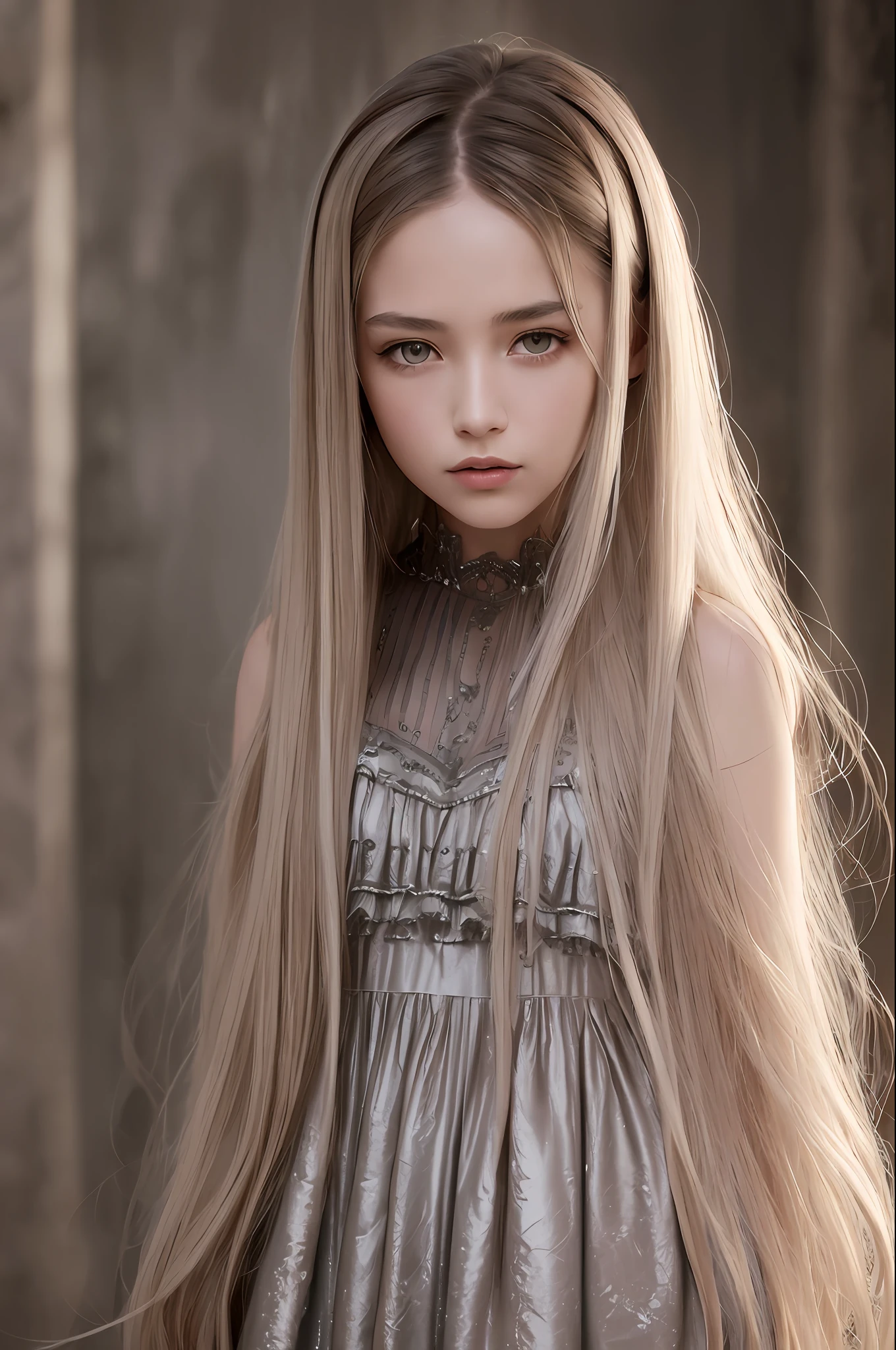 Top Quality, Masterpiece, Ultra High Resolution, (Photorealistic: 1.4), Raw Photography, Film Grain, 1girl, Long Hair, Silver Hair, Detailed Eyes and Face, Mini Dress with Ruffles, Dynamic Lighting, Dark, Deep Shadows, Unobtrusive, Cowboy Shots Ball Venue