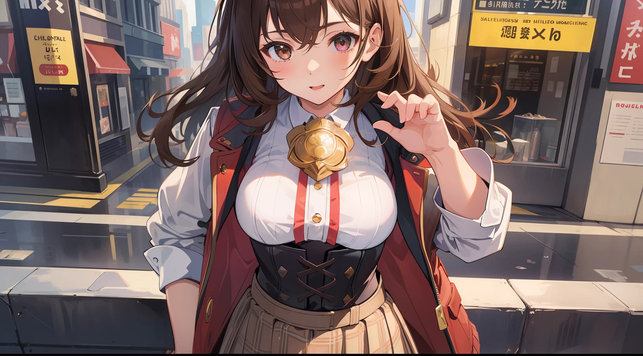 (masterpiece), (best quality), (ultra detailed creation), 1girl, brown hair, sexy pose, in the city, skirt, ruffle, focus chest