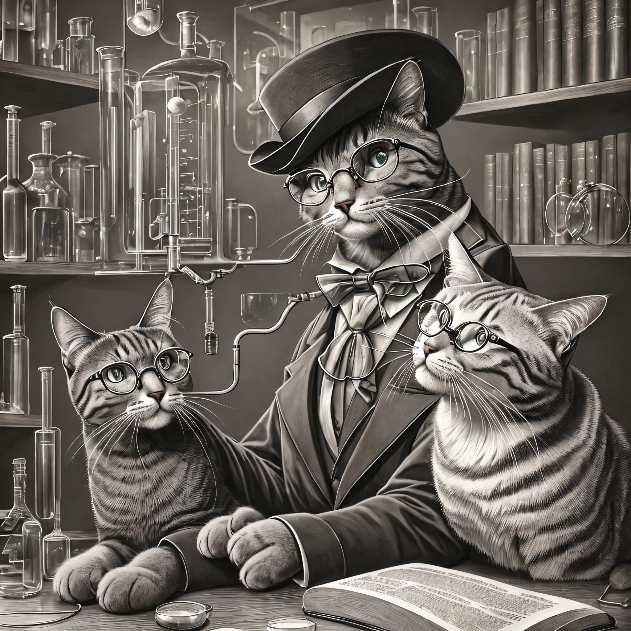 Beautiful cat, Clever cat, cat scientist, conducts an experiment, smokes a pipe, holds a smoking pipe in his paws, a hat and glasses, a cat sits in a laboratory, mummies and skeletons on the walls, scientific books, realistic fur, deep realistic look, black and white