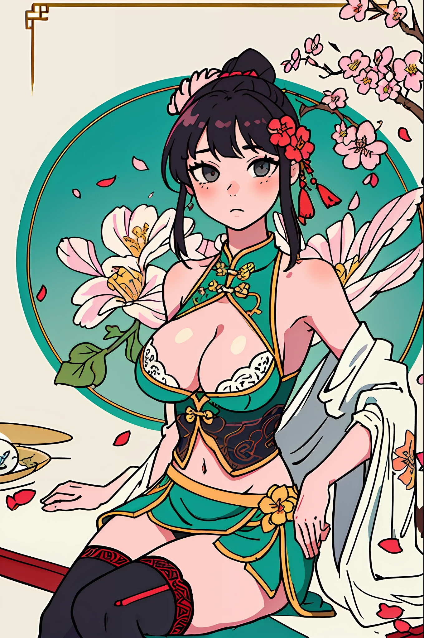 (best quality), ((masterpiece)), (highres), original, extremely detailed 8K wallpaper, (an extremely delicate and beautiful), ray tracing, (best quality), (highres), original, extremely detailed 8K wallpaper, (an extremely delicate and beautiful),incredibly_absurdres, intricate detail, artbook, Sangonomiya Kokomi, bangs, bare shoulders, blush, naughty_face, huge breasts, breasts_apart, flower, hair_flower, hair_ornament, navel, pasties, petals, sitting, solo, thighhighs, slender waist, (Delicate muscle lines), chinese clothes, chinese style architecture, neat figure, Chinese style,