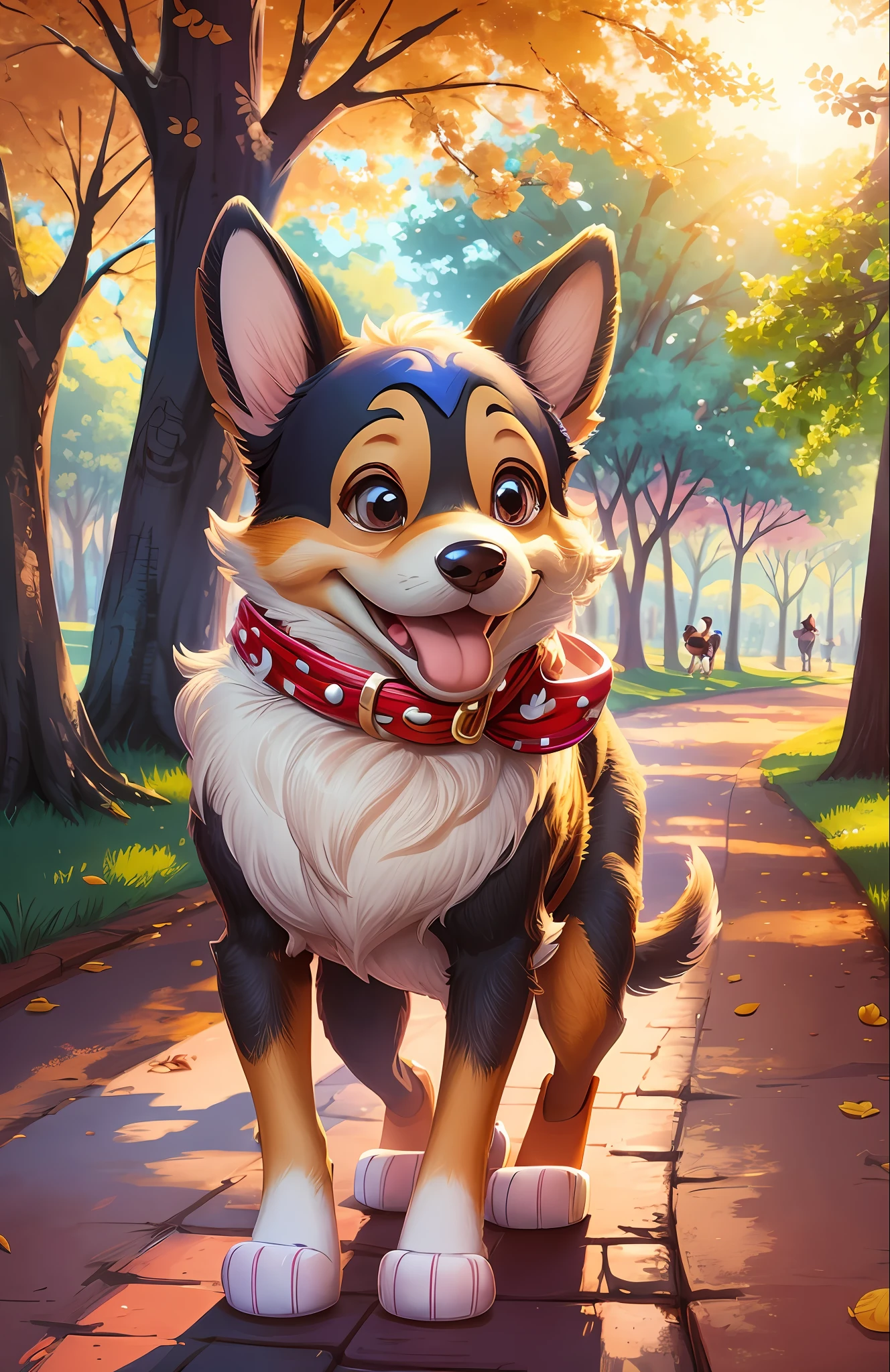 Disney character, cute dog walking in the park, sun, happy --auto --s2