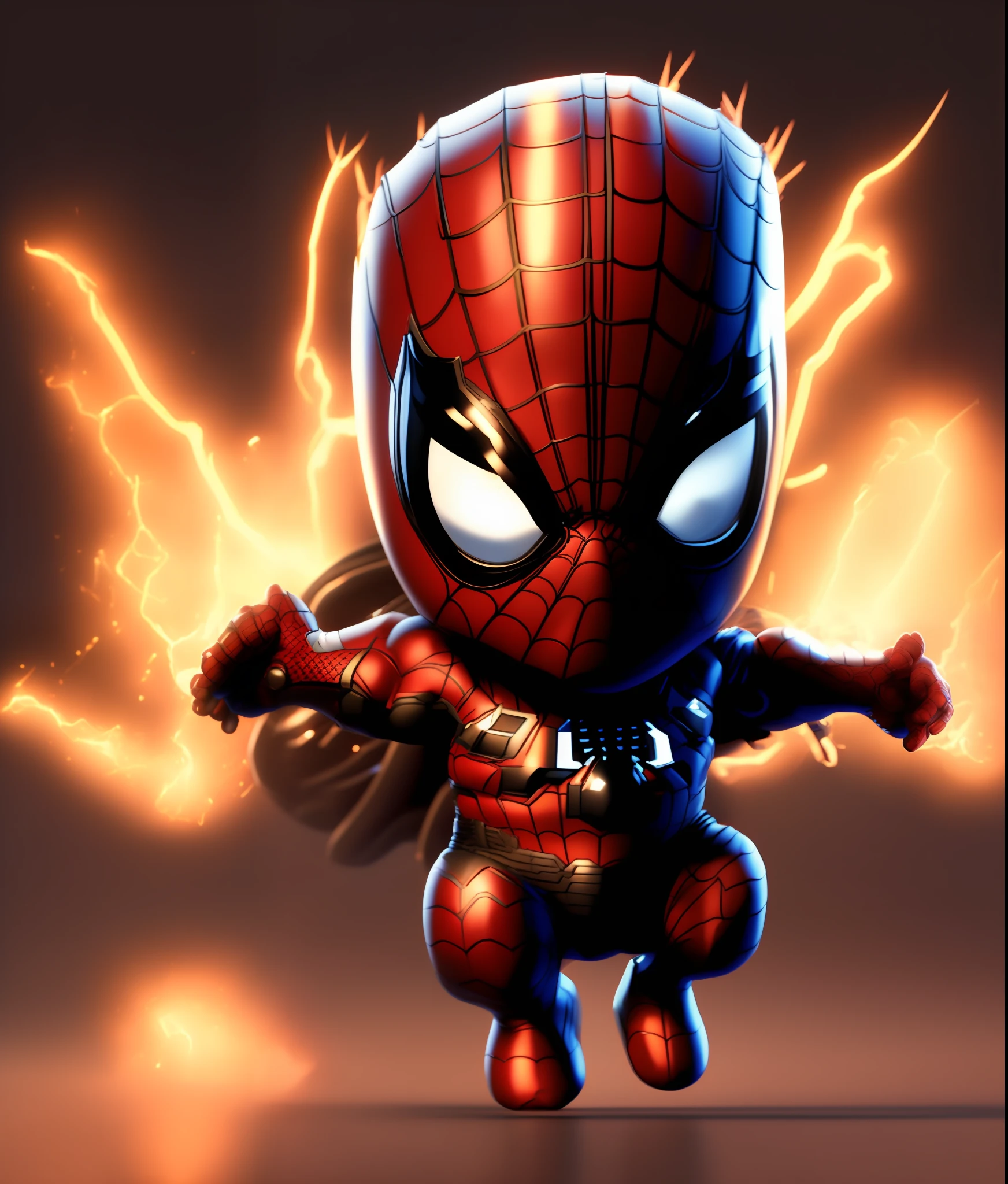cinematic shot of spider-man, cute realistic, surrounded by fire, seamless, epic, cinematic, intricate details, award-winning, great lighting, shading, high quality, detailed
