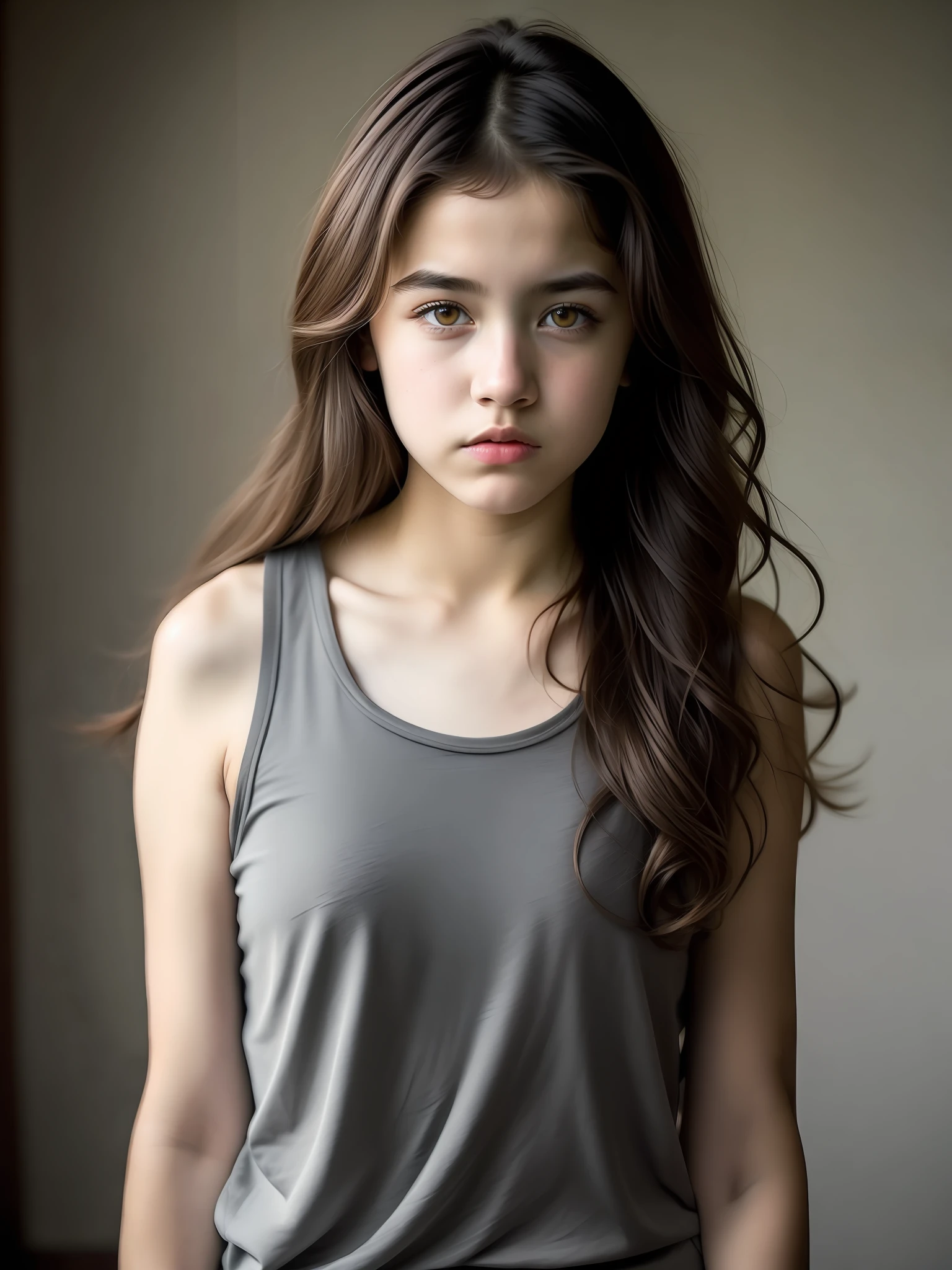 (Steve McCurry style), A beautiful and rebellious -yeld giger ((wearing a blend gray tank top)), (shy), 1girl, solo, long brown and curly hair and messy, very detailed face, beautiful eyes, [chubby], adorable, with bright rosy cheeks, angry, gorgeous eyes, rough skin, textured skin, (Rembrandt Lighting), zeiss lens, ultra realistic, (highly detailed skin:  1.2), 8K UHD, DSLR, Dramatic Rim Light, High Quality, Fujifilm XT3,