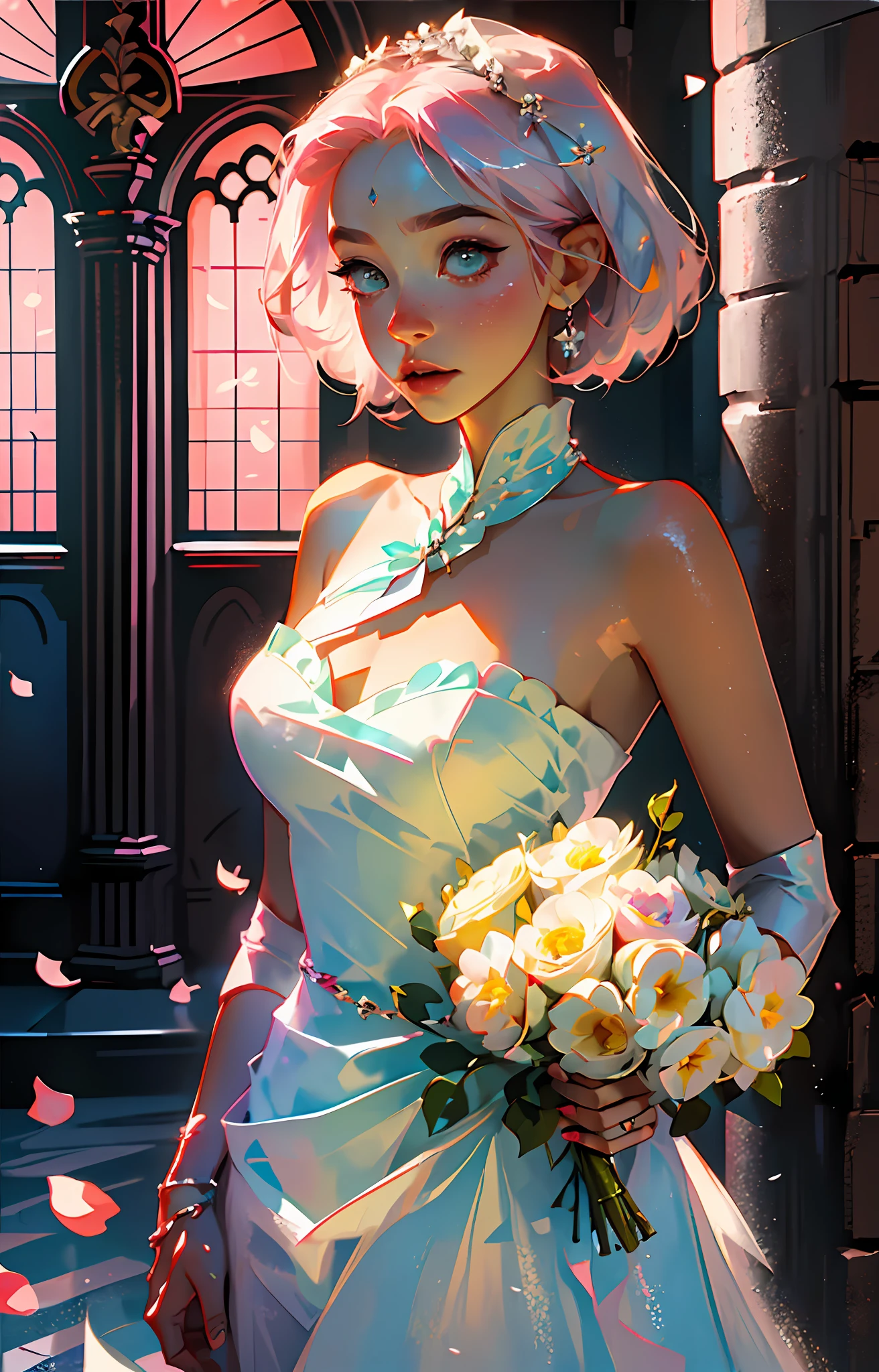 Sakura haruno, ((solo)), alone, bride, wearing a white wedding dress, queen, happy, ((forehead to show)), standing, entering the church, pink hair, short hair, delicate, young, short hair, detailed face, high definition, ((full body)), (flowers around her), full body, she is a beautiful woman getting married, face with high quality, beautiful, radiant