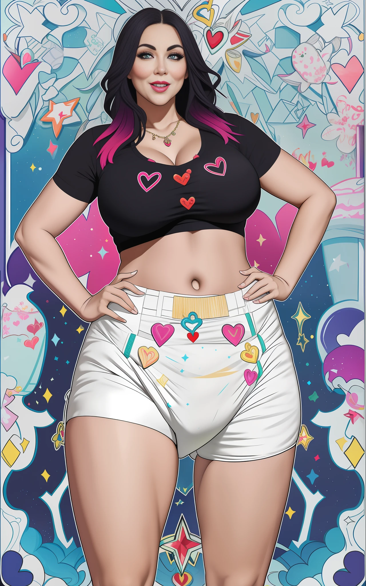 Sexy busty woman wearing (thick diaper) magical, colorful, detailed, surprised, happpy, large breasts, wide hips, casting love spell, seductive, ((mommydom)), bokeh