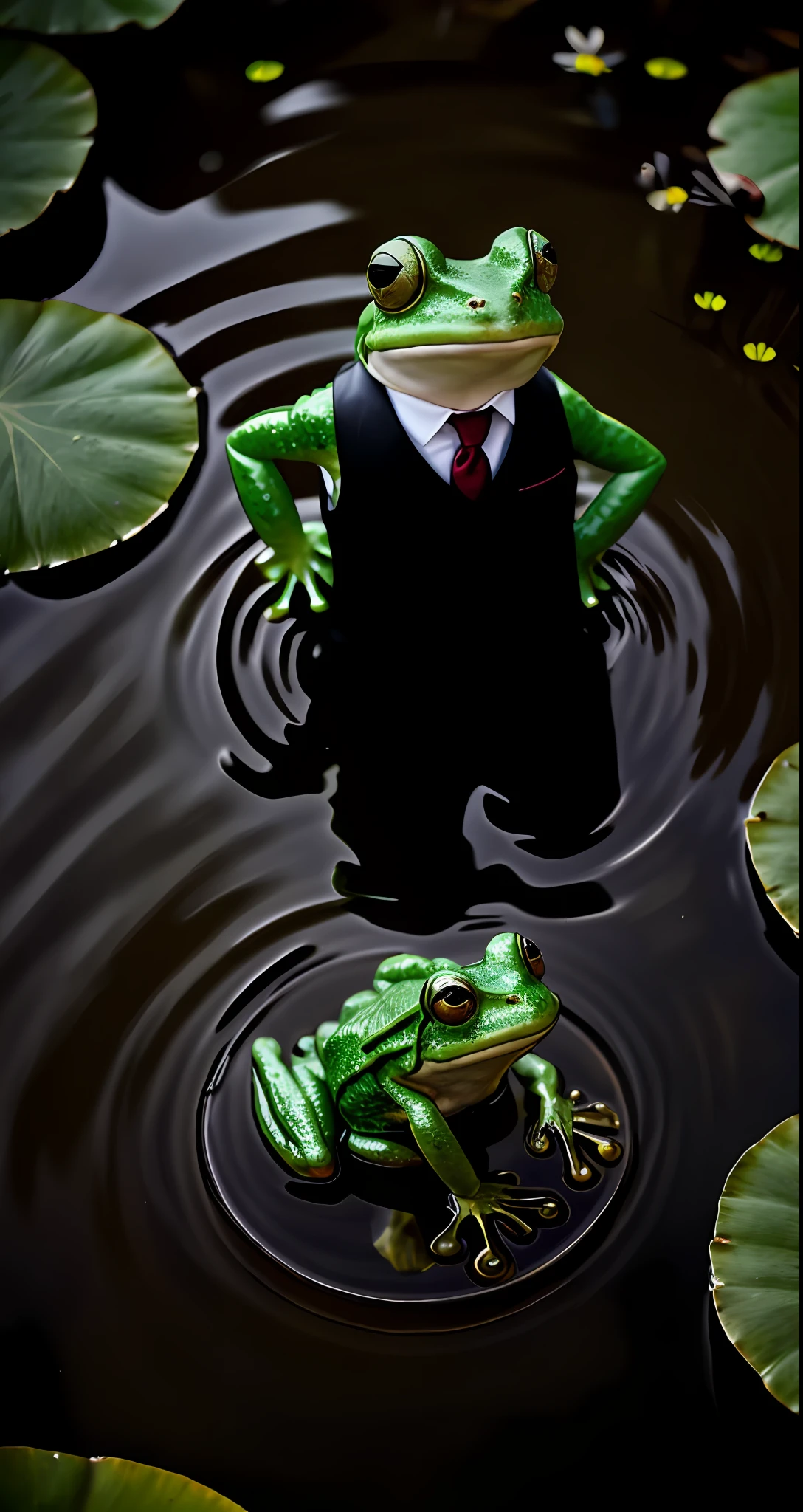 A frog in a suit in the pond