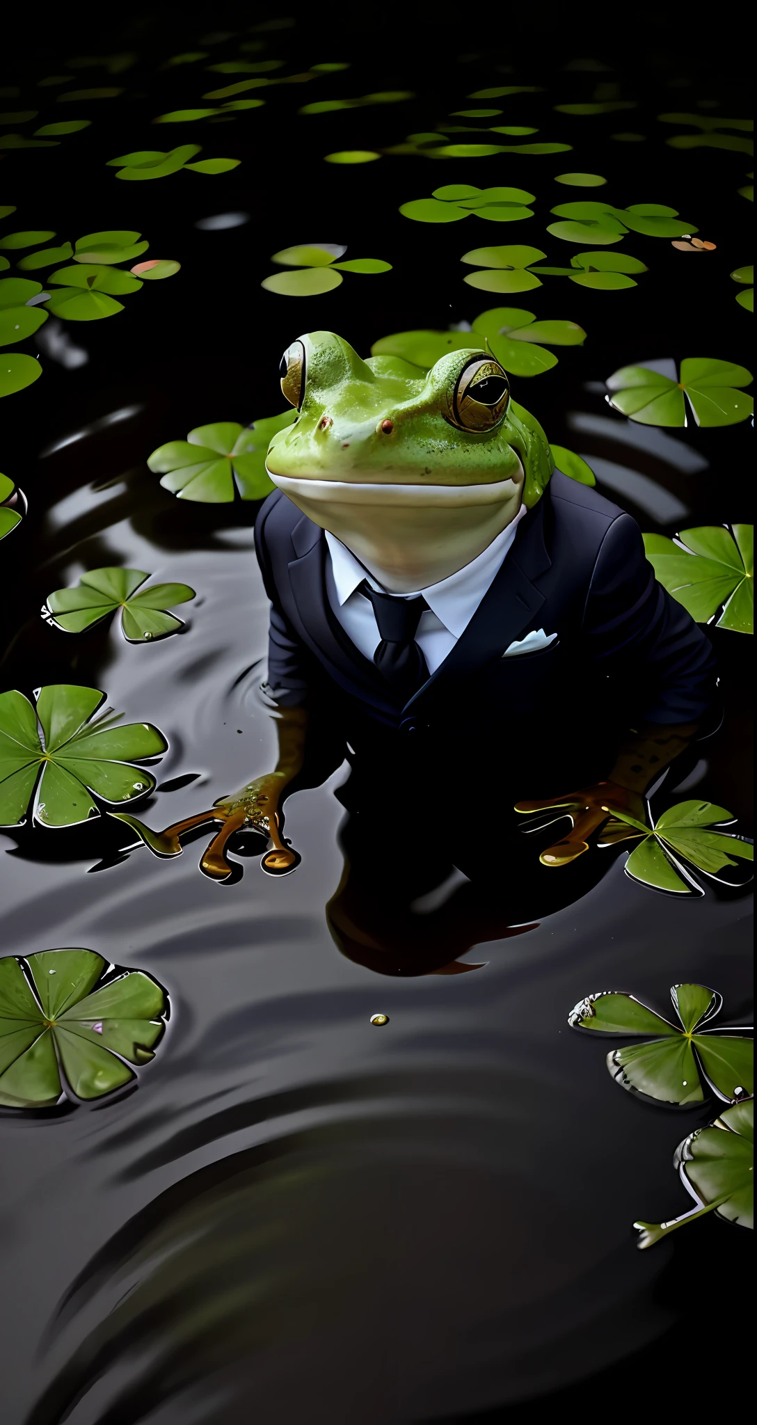 A frog in a suit in the pond