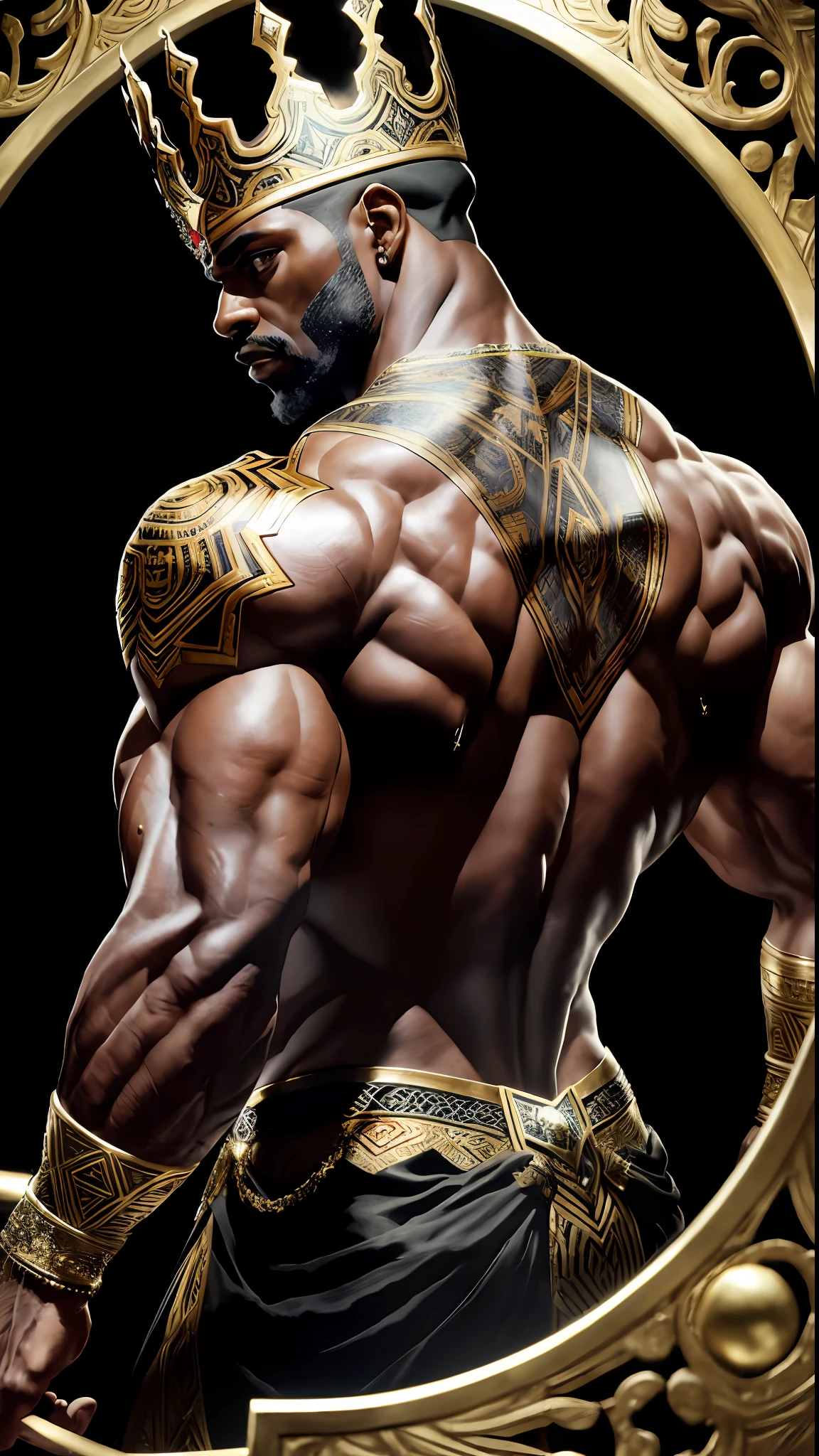 8k portrait of Ronnie coleman muscular, (turned back) wearing a crown on the head, full body, wakanda background, intricate, elegant, highly detailed, majestic, digital photography, art by artgerm and ruan jia and greg rutkowski, black eyes, (detailed eyes) broken glass (masterpiece, side lighting, beautiful finely detailed eyes: 1.2 ), hdr,