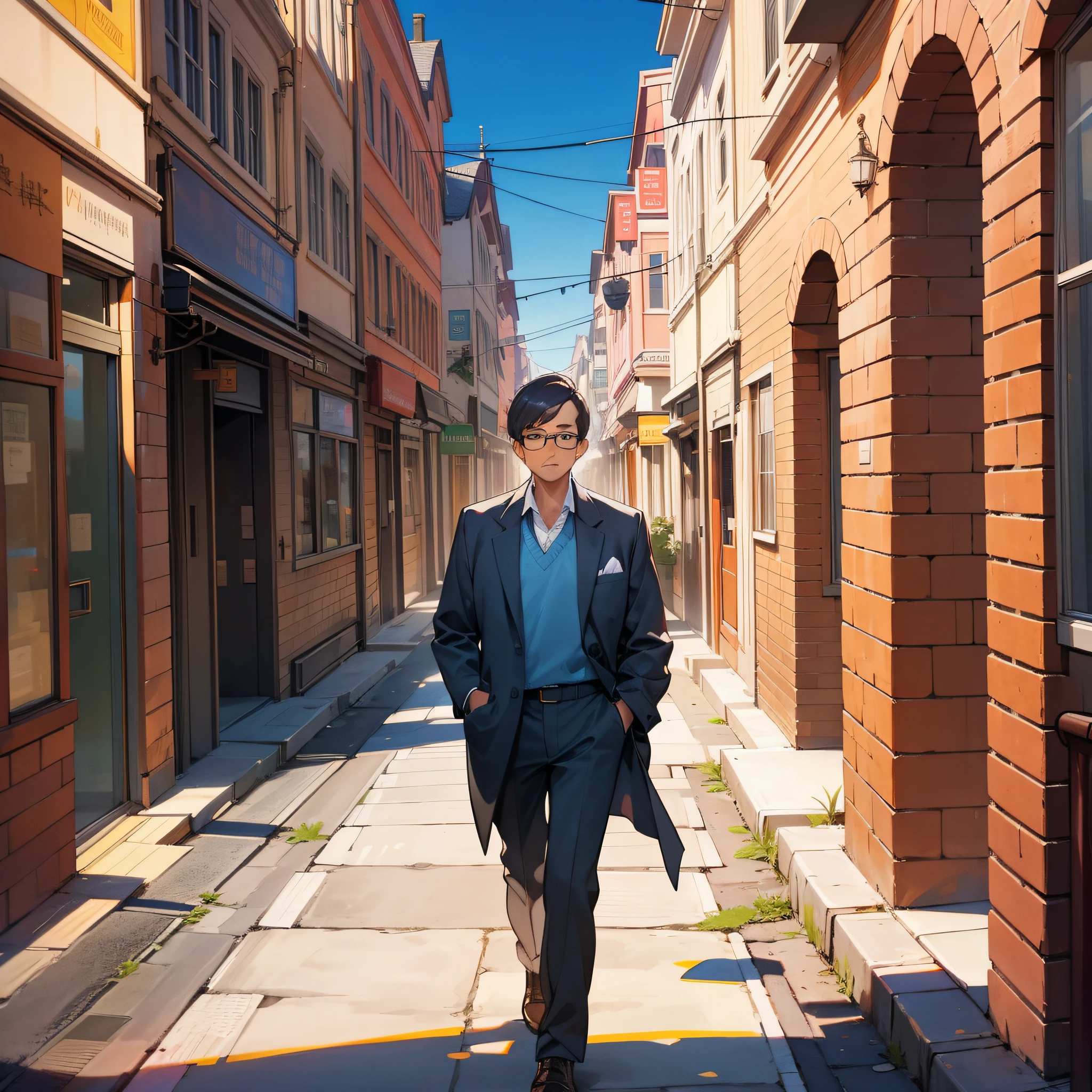 Intellectual man, walking down the street of a small town, on his way to the office --auto --s2