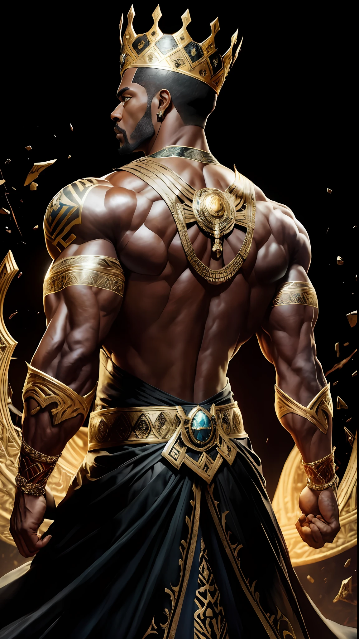 8k portrait of Ronnie coleman muscular, (turned back) wearing a crown on the head, full body, wakanda background, intricate, elegant, highly detailed, majestic, digital photography, art by artgerm and ruan jia and greg rutkowski, black eyes, (detailed eyes) broken glass (masterpiece, side lighting, beautiful finely detailed eyes: 1.2 ), hdr,