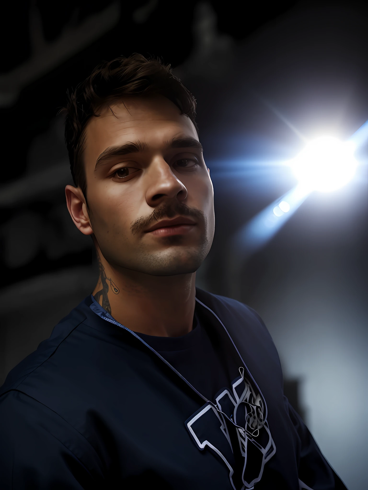 problem solved, man standing, navy blue jumpsuit, photographic pose, set, under perfect light, in contrast to a dark background, [factory background, dramatic lighting].)