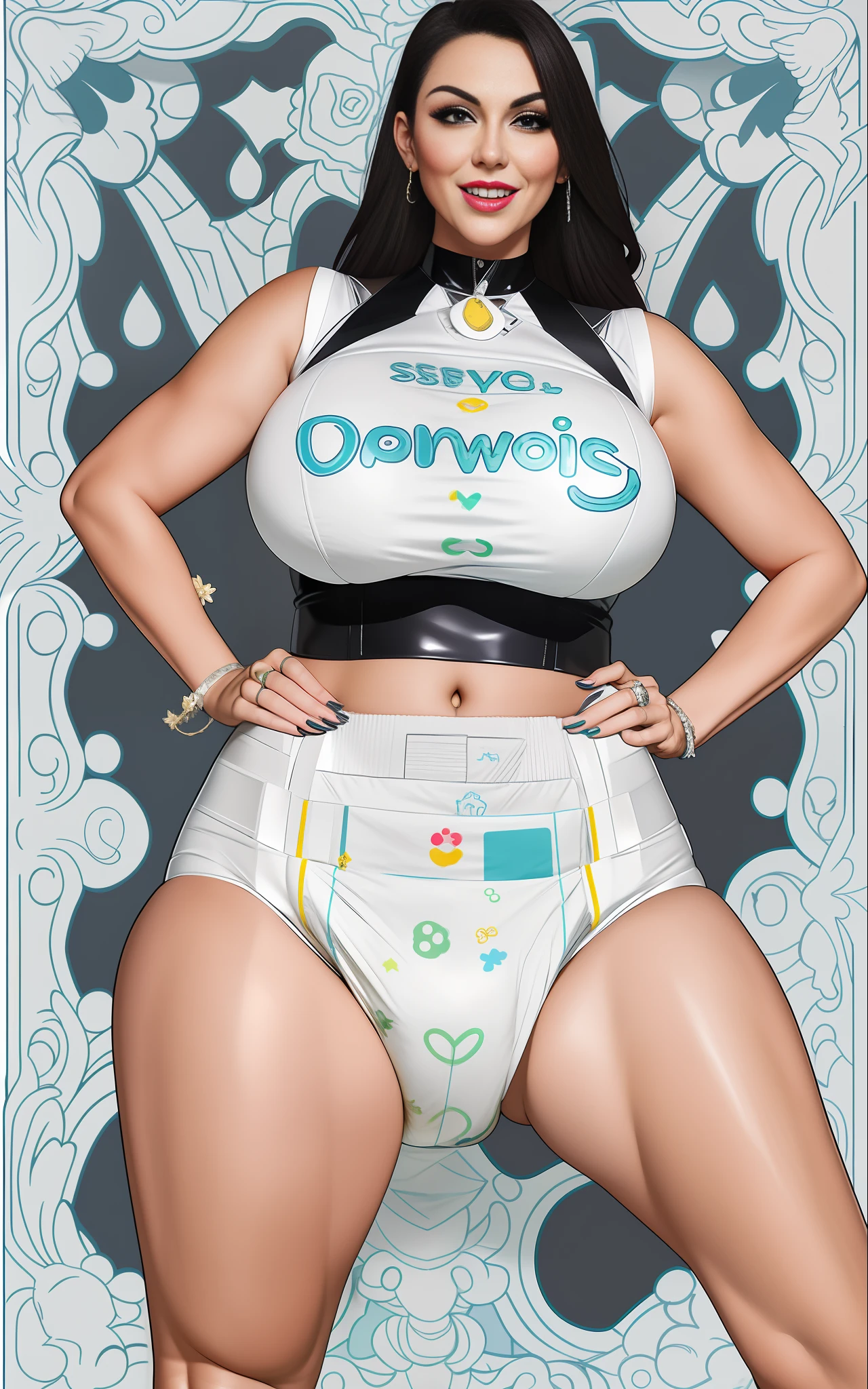 Sexy busty woman wearing big diapers, detailed, surprised, happpy, large breasts, wide hips, seductive, (mommydom), latex