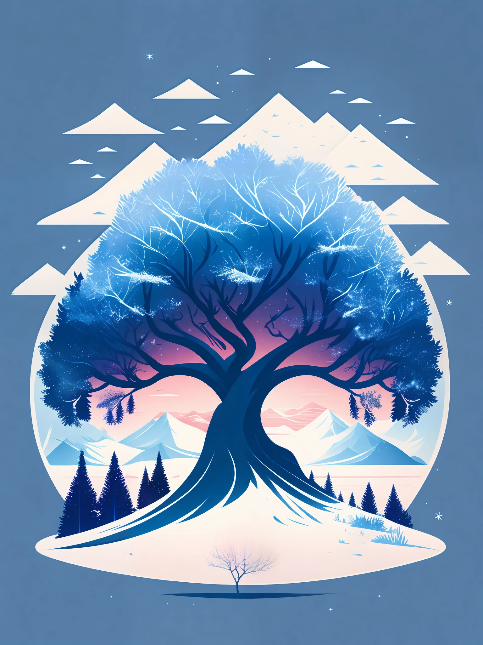 a spruice tree in a winter landscape, tshirt design, rzminjourney, vector-art