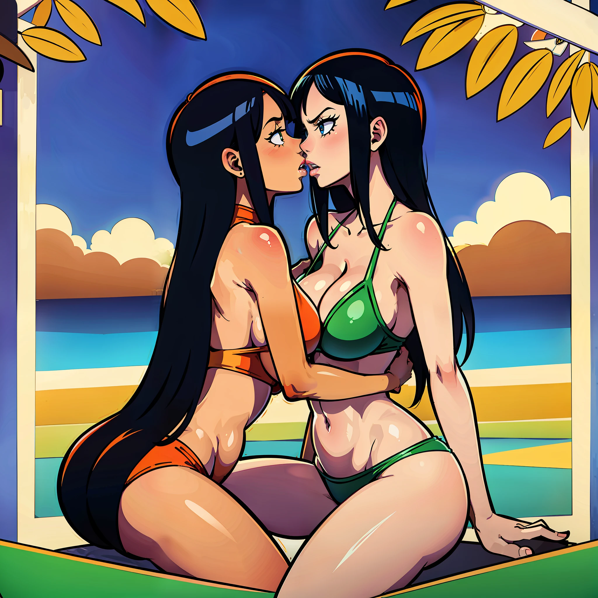 Nico Robin with Nami from one piece kissing, masterpiece, kissing, two girls, big breasts, bikini, bangs, One Piece, stripping, colored box background, big breasts, cleavage, making out, undressing, black hair, orange hair