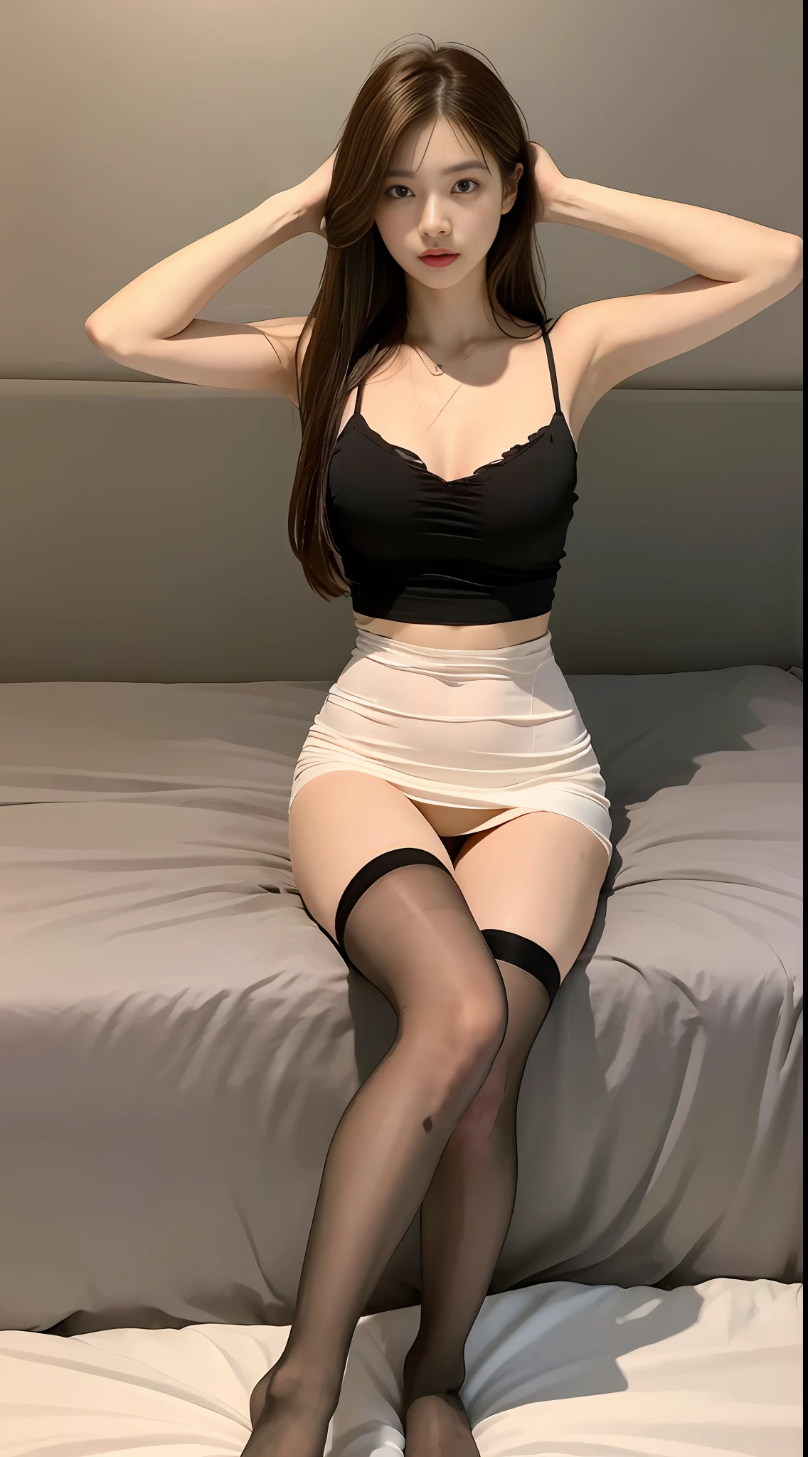 ((Realistic lighting, Best quality, 8K, Masterpiece: 1.3)), Clear focus: 1.2, 1girl, Perfect beauty: 1.4, Slim abs: 1.1, ((Long dark brown hair, Big breasts: 1.2)), ( Torn dress: 1.3, black full-leg stockings: 1.2, mesh white panties), (outdoor, night: 1.1), city street, ultra-fine face, fine eyes, double eyelids, hands on the head, (lying in bed full body: 1.2), facing the camera, legs open,