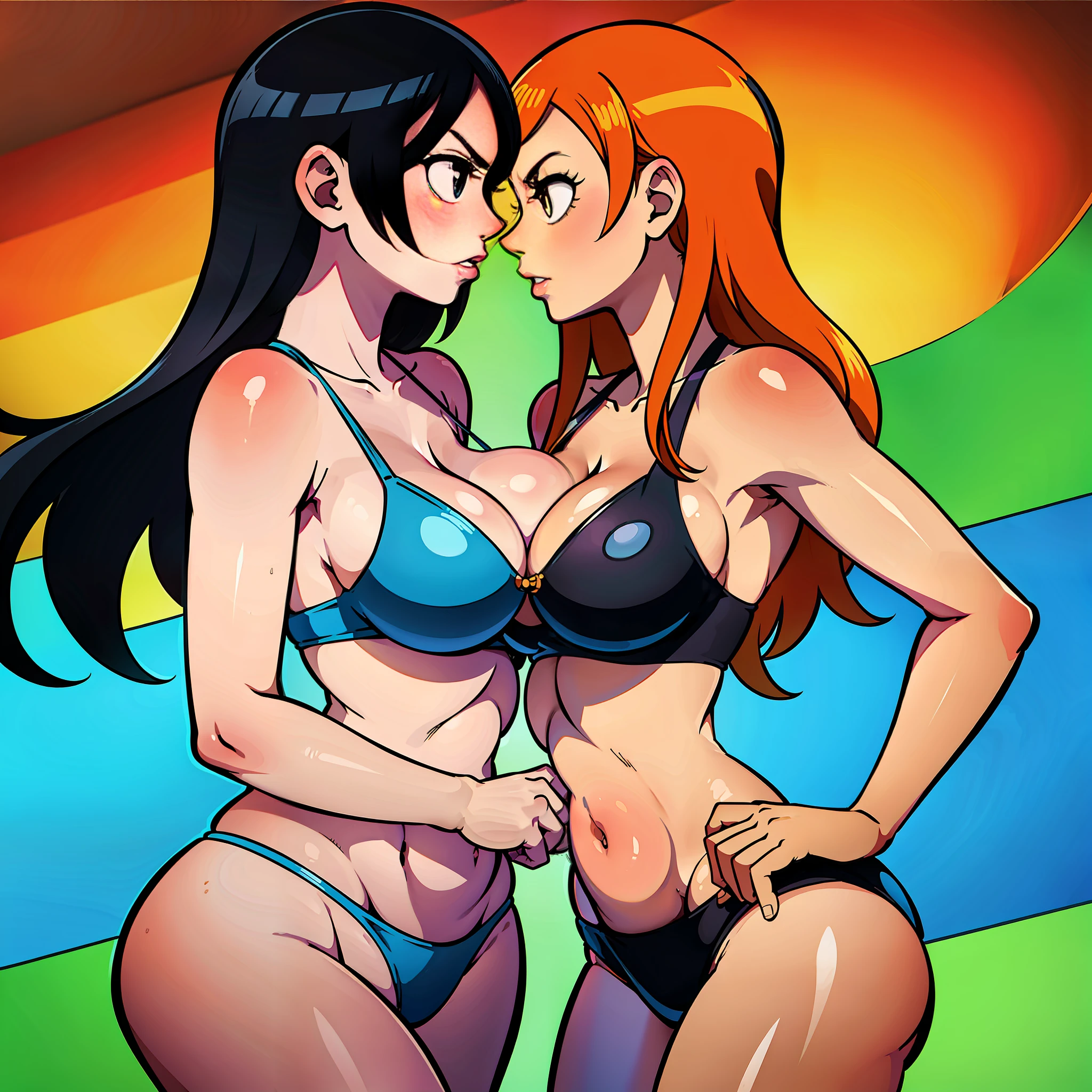 Nico Robin with Nami from one piece kissing, masterpiece, kissing, two girls, big breasts, bikini, bangs, One Piece, stripping, colored box background, big breasts, cleavage, making out, undressing, black hair, orange hair