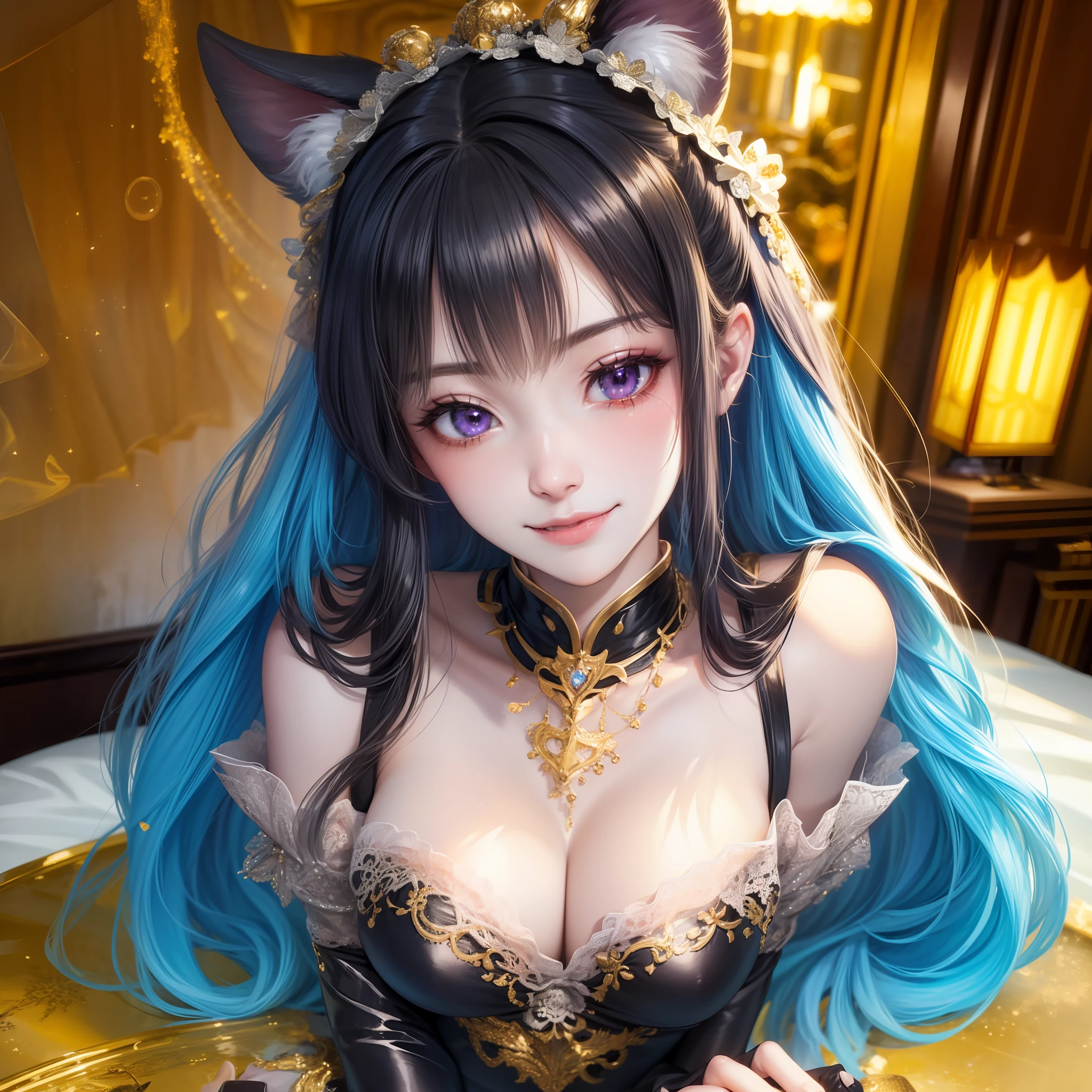Brunette hair, long hair, messy hair, maid headdress, ribbon, forehead protection, kanzashi, bead necklace, eye rolling, tears, kemonomimi pattern, drunkenness, saliva, tongue sticking out, unconscious, ear blush, hold your breath, blush, heart in eyes, heavy breathing, moaning, drooling, spit, ashigao, torogao, naughty face, naughty, saliva marks, verbal invitation, , dioragram, cinematic lighting, sparkling, 135mm, character table, anatomically correct, textured skin, high detail, high resolution, best quality brunette hair, hair bubbles, cringe, long eyelashes, solid round eyes, fake animal ears, light smile, ear blush, fangs, seductive smile, verbal invitation, heart in the eyes, moaning, drooling, agagao, naughty face, full face blush, surrealism, shadow, relief, diorama map, tachi-e, pov, atmospheric perspective, stereogram, 8k, super detail, ccurate, best quality, uhd, textured skin, High detail 1girl, solo, long hair, breasts, smile, bangs, gloves, bare shoulders, medium breasts, blue hair, purple eyes, ahoge, pantyhose, side hair, parted lips, sleeves, flare, black gloves, black pantyhose, bells, neckbells, white sleeves, gold trim, antique style, NSFW, r18, 18+, antique style