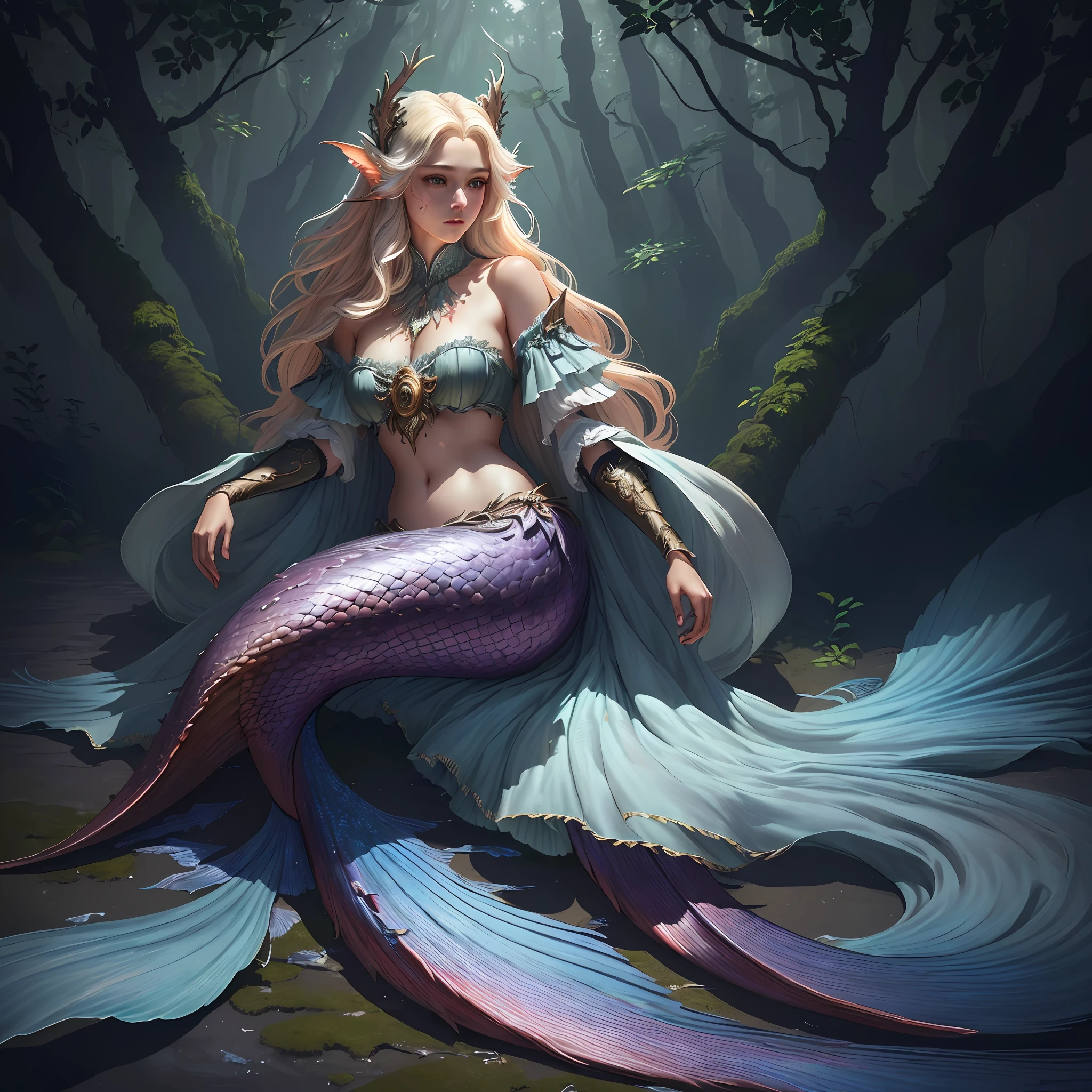 Masterpiece, best quality, (very detailed CG unified 8k wallpaper), (best quality), (best illustration), (best shadow), realistic lighting, full body shot, mermaid portrait, fish fin ears, intricate, elegant, very detailed, handsome, very detailed, claws, in the forest, blood, rags, beautiful face, dreamy, medieval, beautiful detailed light