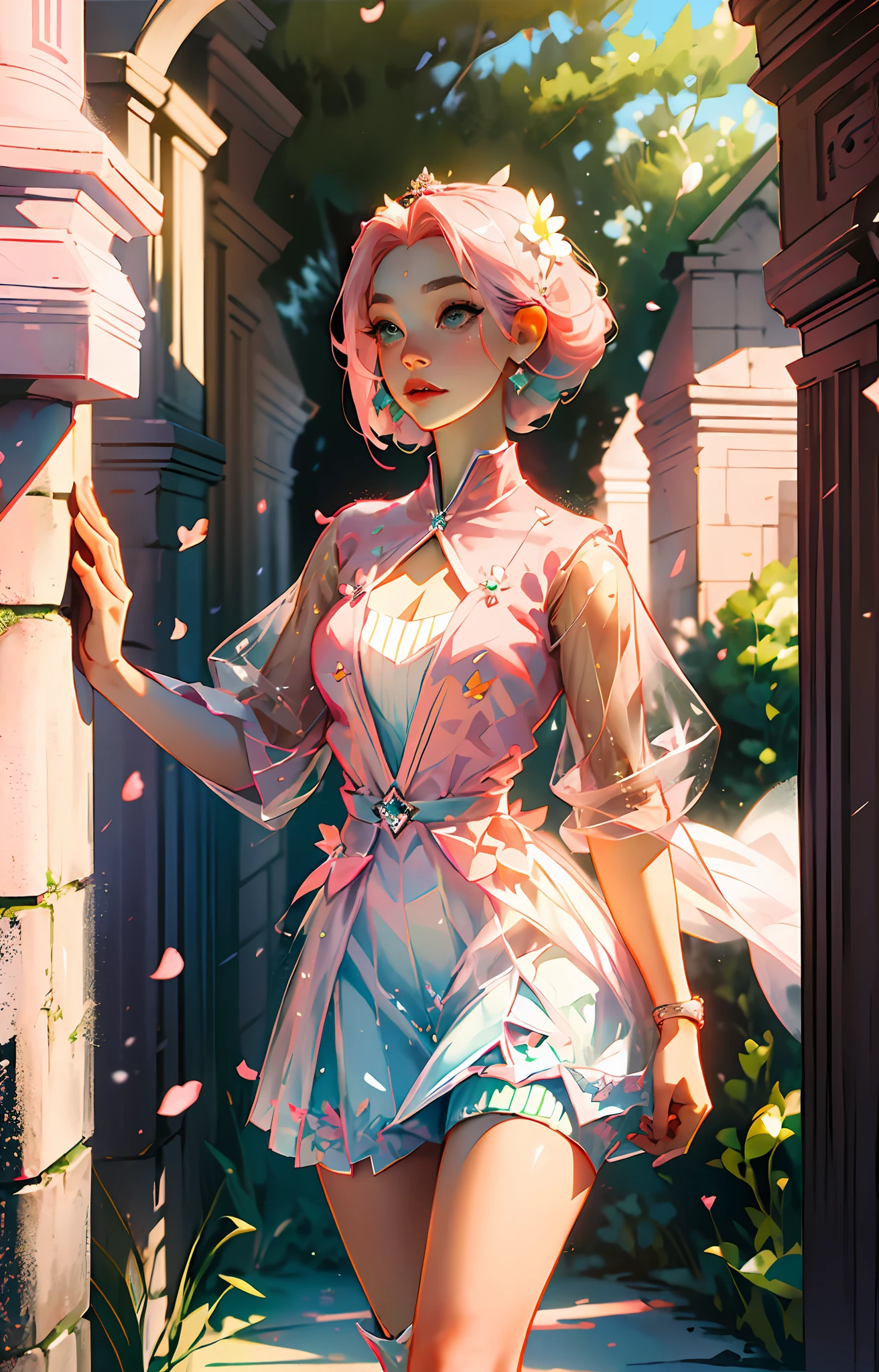 Sakura haruno, ((solo)), alone, princess, wearing a green princess dress, queen, happy, ((forehead to show)), standing, entering the church, pink hair, short hair, delicate, young, short hair, detailed face, high definition, ((full body)), (flowers around her), full body, she is a beautiful woman, face with high quality, beautiful, radiant, pastel tones, high definition, pastel shades, delicacy, sakura haruno, sakura, pastel tones