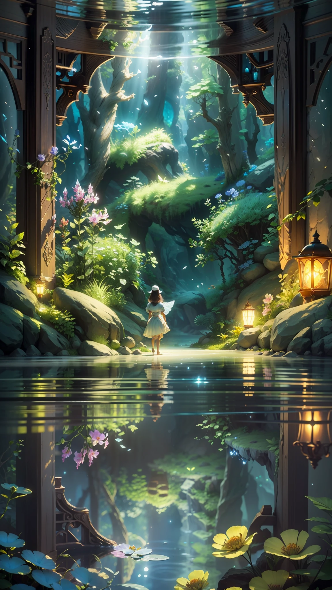 masterpiece, (clean glass, brightness: 1.2, (transparent: 1.1), brightness)), best quality, (Pixar - style: 1.4), (In a cave, at night, surrounded by bright plants, flowers, flying fireflies, bonfires), (Ultra detailed, aesthetic, beautiful composition, rich bright colors, volumetric soft light). 4k, reflection in water, water ripple Inspired by Alice in Wonderland, magic, fairy tales. unreal engine, octane render, cuteness render, 3d rendering, adobe photoshop, admiration, beautiful --auto --s2