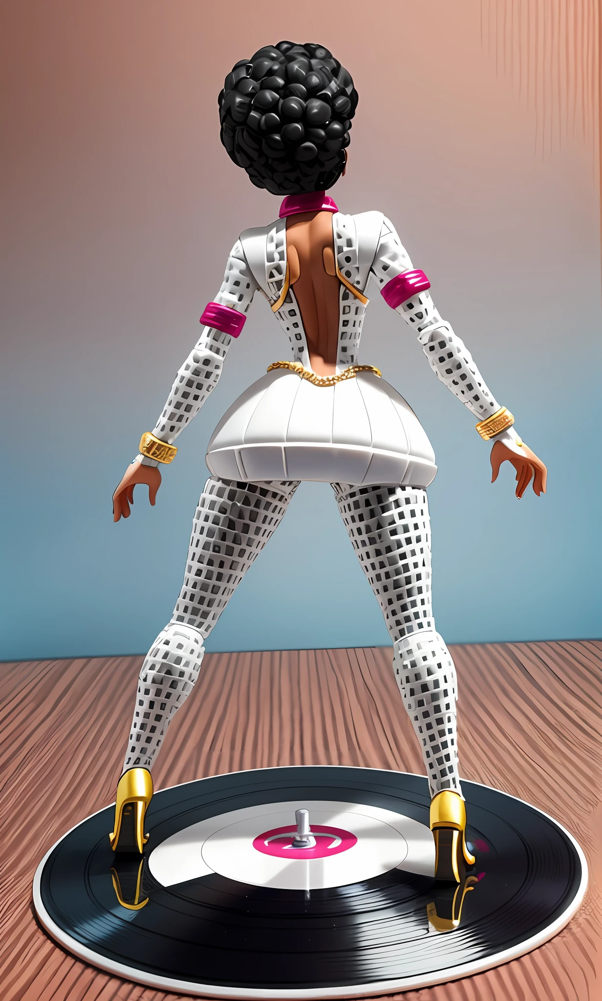 Janelle Monáe, back showing her ass, full body in high definition with a vinyl record to support her feet in an excellent 8k evolution ((miniature toy for the collection)) --auto --s2