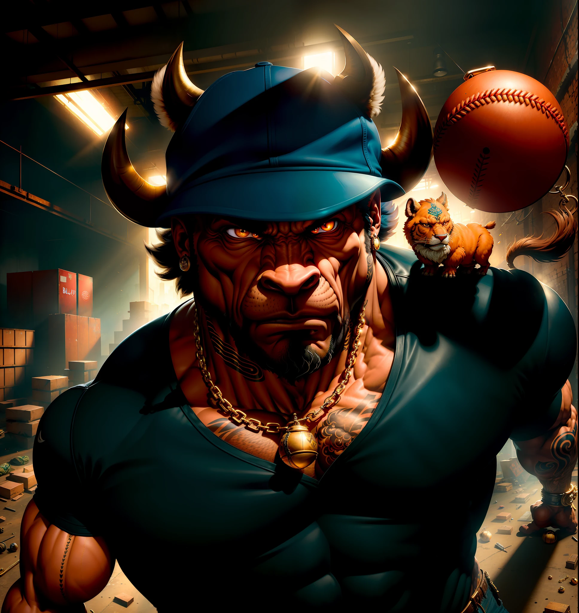 ((best quality)), ((ultradetailed)), ((masterpiece)), photography, scene: spacious abandoned warehouse, theme: anthropomorphic animal mafia, character: buffalo, appearance: muscular build, action: combat stance, expression: fierce , holding a baseball bat, gold necklace, bare upper body, sports mob tattoos, perspective: 4K.