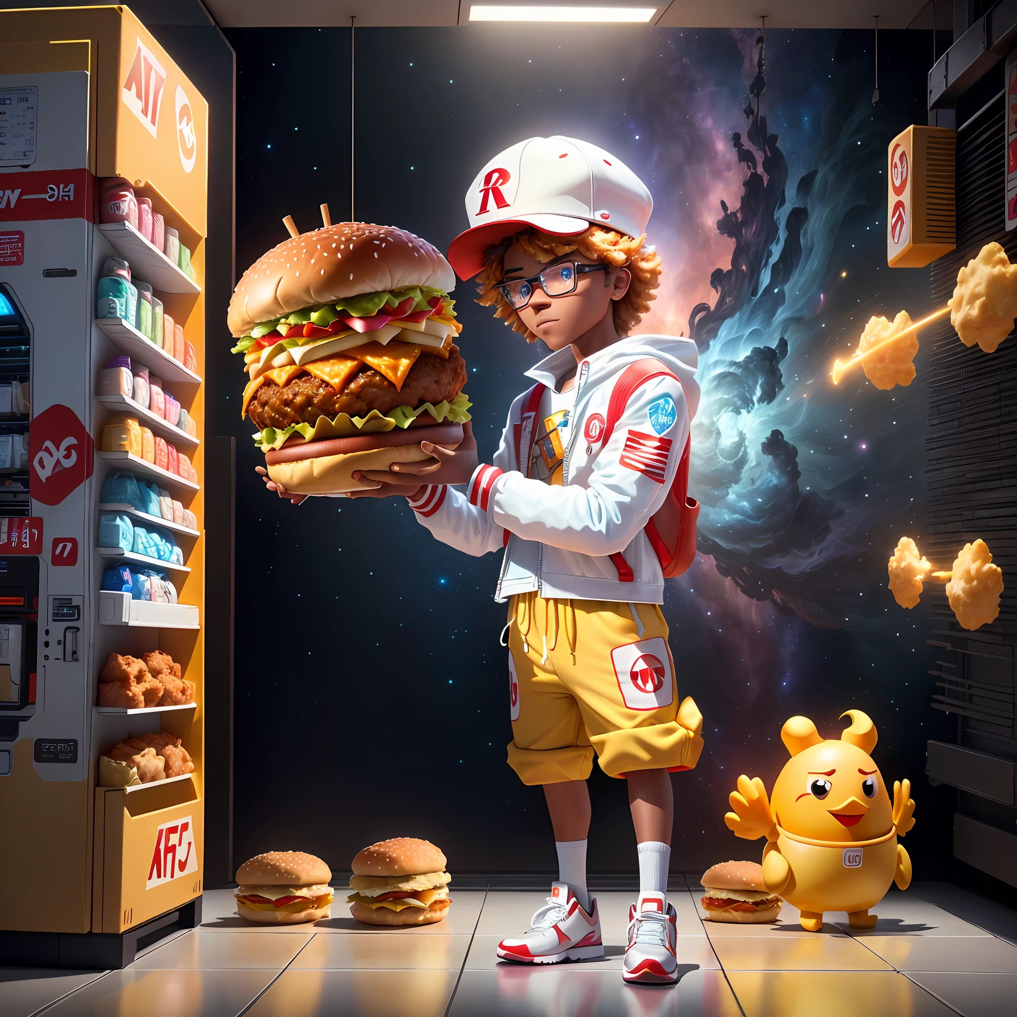 A KFC hamburger, magical, anthropomorphic, boy, dressed in a futuristic machine and carrying a mechanical weapon, with a colorful universe in the background. Pixar Animation, funky blind box, OC render, Ray-tracing, high quality, high detail, High resolution, 8k, bust size