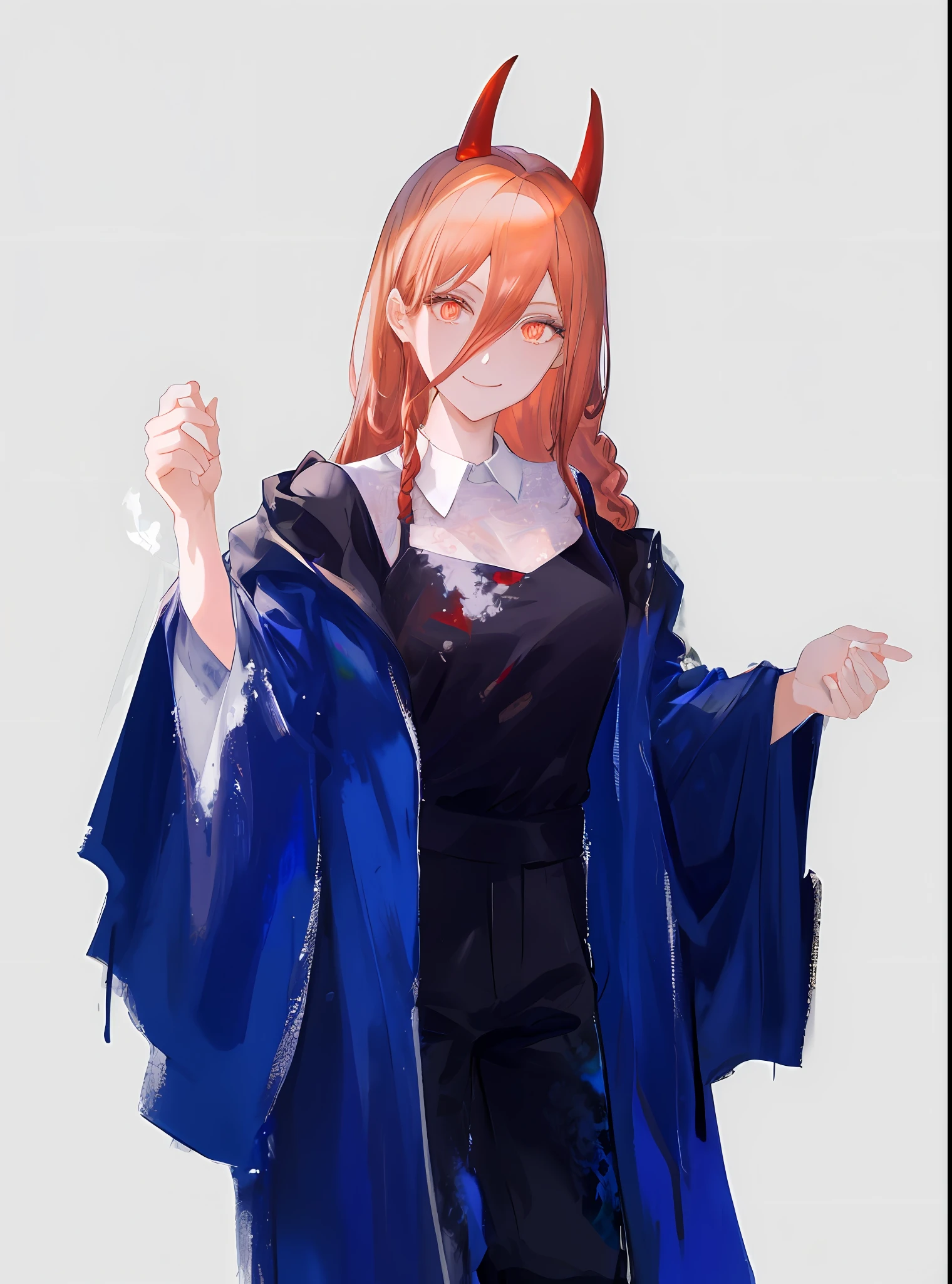 (Award Winning Painting:1.3) of makima \(chainsaw man\), best quality, ultra detailed, 1girl, solo, standing, red hair,1 long braided hair, golden eyes, bangs, medium breasts, Bachelor's Gown, stare, smile, (evil:1.2), looking at viewer, (interview:1.3), (dark black background),black pants,(ringed eyes), best quality,ultra high res,1woman,(masterpiece, sidelighting, finely detailed beautiful eyes: 1.2),lustrous skin,glowing eyes, shiny hair, 2 arms, painting, portrait