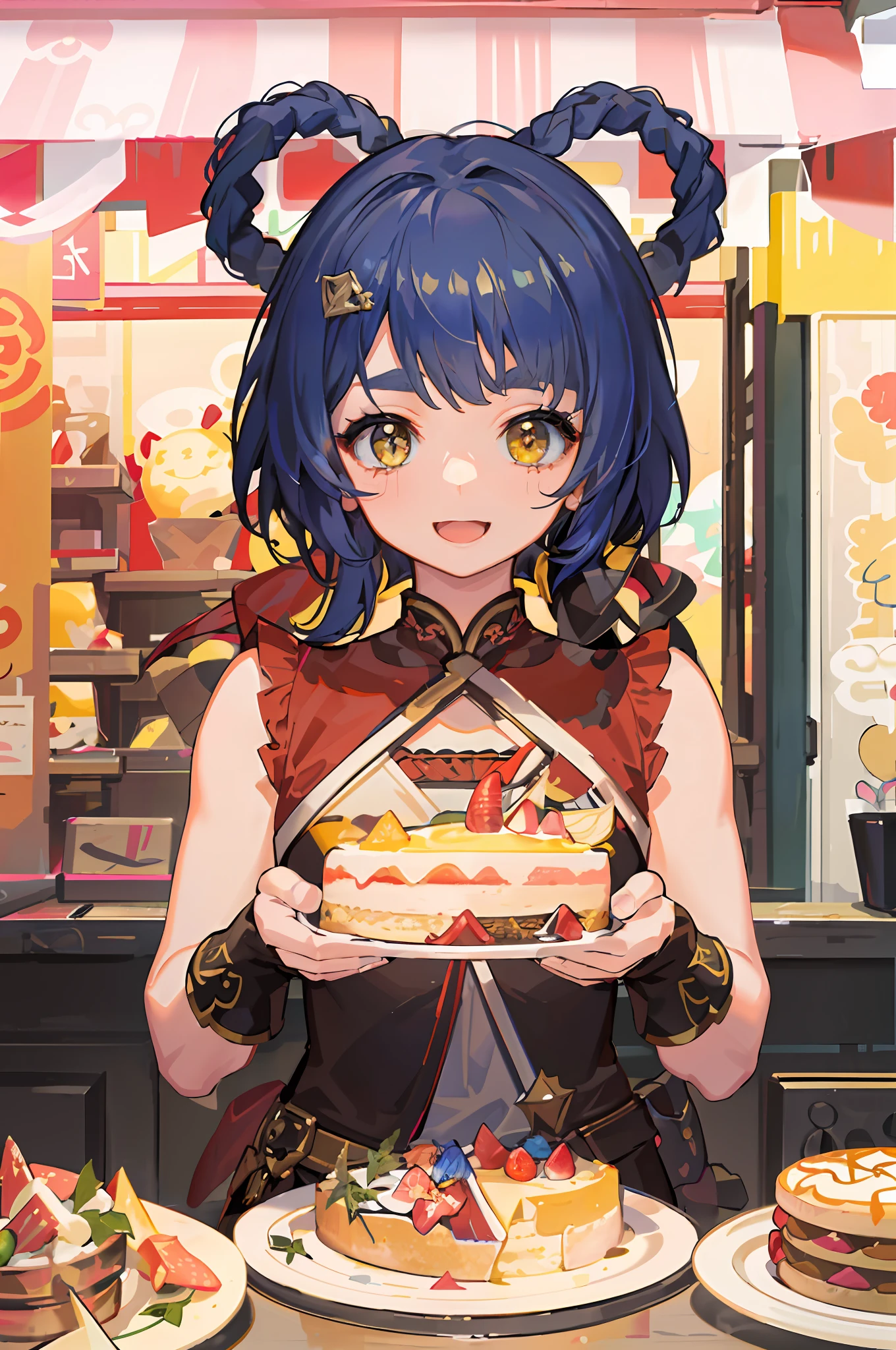 absurdres, highres, ultra detailed, 1girl, solo, extremely detailed eyes, (official art, beautiful and aesthetic:1.2), (1girl), extreme detailed,colorful,highest detailed, short blue hair with 2 braids on top of the head, yellow chinese clothes, holding a cake, standing in front of the bakery