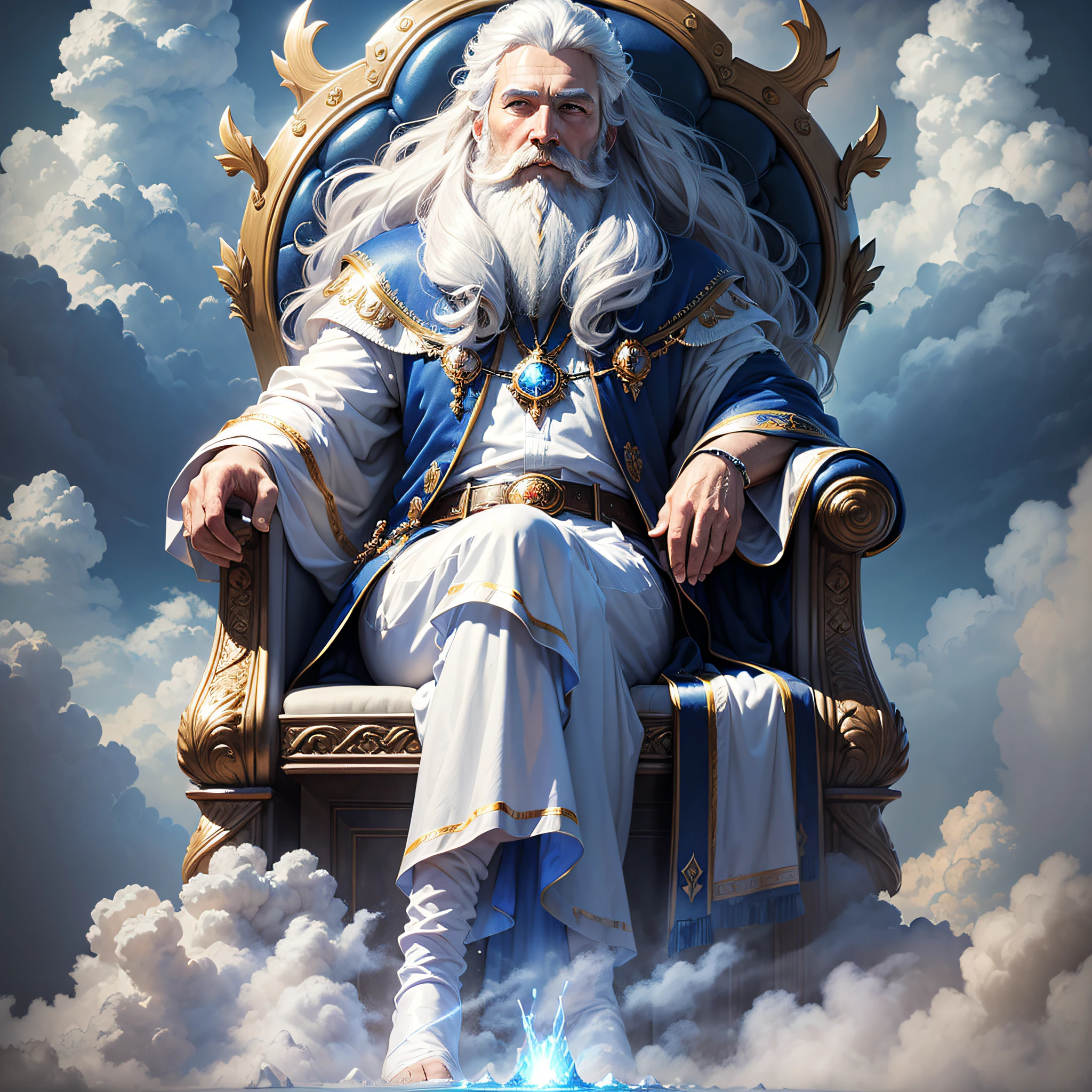 (masterpiece, best quality, ultra-realistic), God's blue throne of sapphire stone, floating over the clouds, a rainbow over the throne, divine man, white hair and beard, white clothes, (emitting light:1.3), (gleaming:1.2)