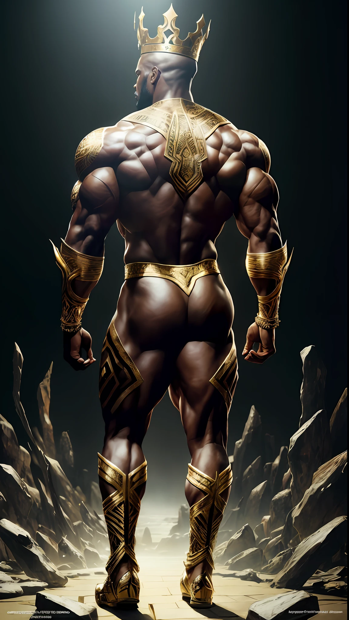 8k portrait of Ronnie coleman muscular, (turned back) wearing a crown on the head, full body, wakanda background, intricate, elegant, highly detailed, majestic, digital photography, art by artgerm and ruan jia and greg rutkowski, black eyes, (detailed eyes) broken glass (masterpiece, side lighting, beautiful finely detailed eyes: 1.2 ), hdr,