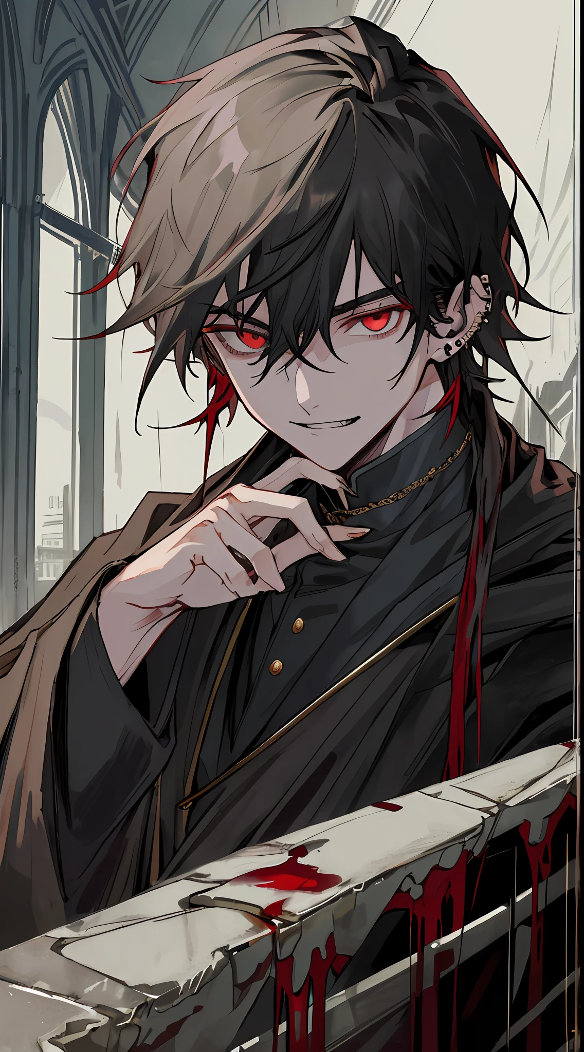 (((8k, RAW photo, best quality, Masterpiece: 1.4))), super high resolution, super detailed, illustration, close-up, handsome man, red eyes, (detailed eyes, bright eyes:1.2), medium length black hair, elf, pale skin, ear piercings, dark, black clothes, detailed clothes, gold accessories on clothes, sly smile, sharp fangs, predatory look, perfect fingers, bridge in the background,  only environment, broken laboratory, starry sky, architecture, future, imagination, outdoor, high quality shadows, natural lighting, (white highlights:1.2), night, dark sky, (blood on clothes:1.2)