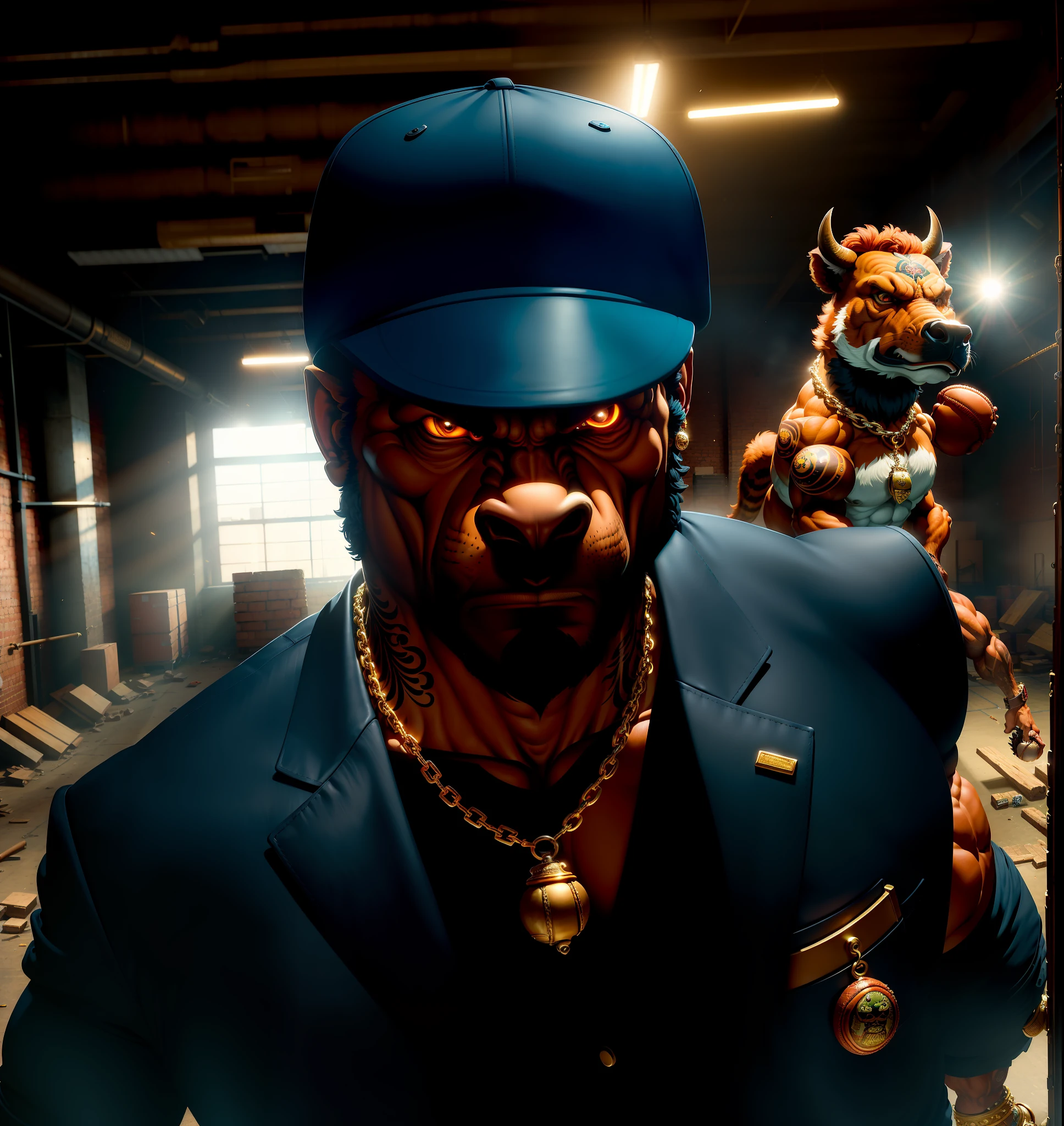 ((best quality)), ((ultradetailed)), ((masterpiece)), photography, scene: spacious abandoned warehouse, theme: anthropomorphic animal mafia, character: buffalo, appearance: muscular build, action: combat stance, expression: fierce , holding a baseball bat, gold necklace, bare upper body, sports mob tattoos, perspective: 4K.