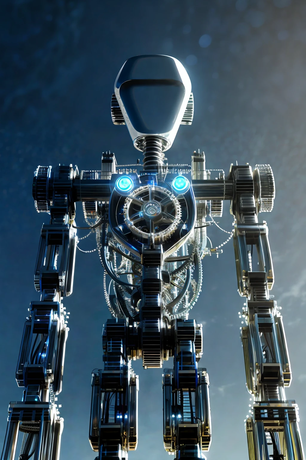 A polished silver metal robot, with many details of wires and gears, symbolizing artificial intelligence. Black background, no colors, realistic image, cinematic lighting,
