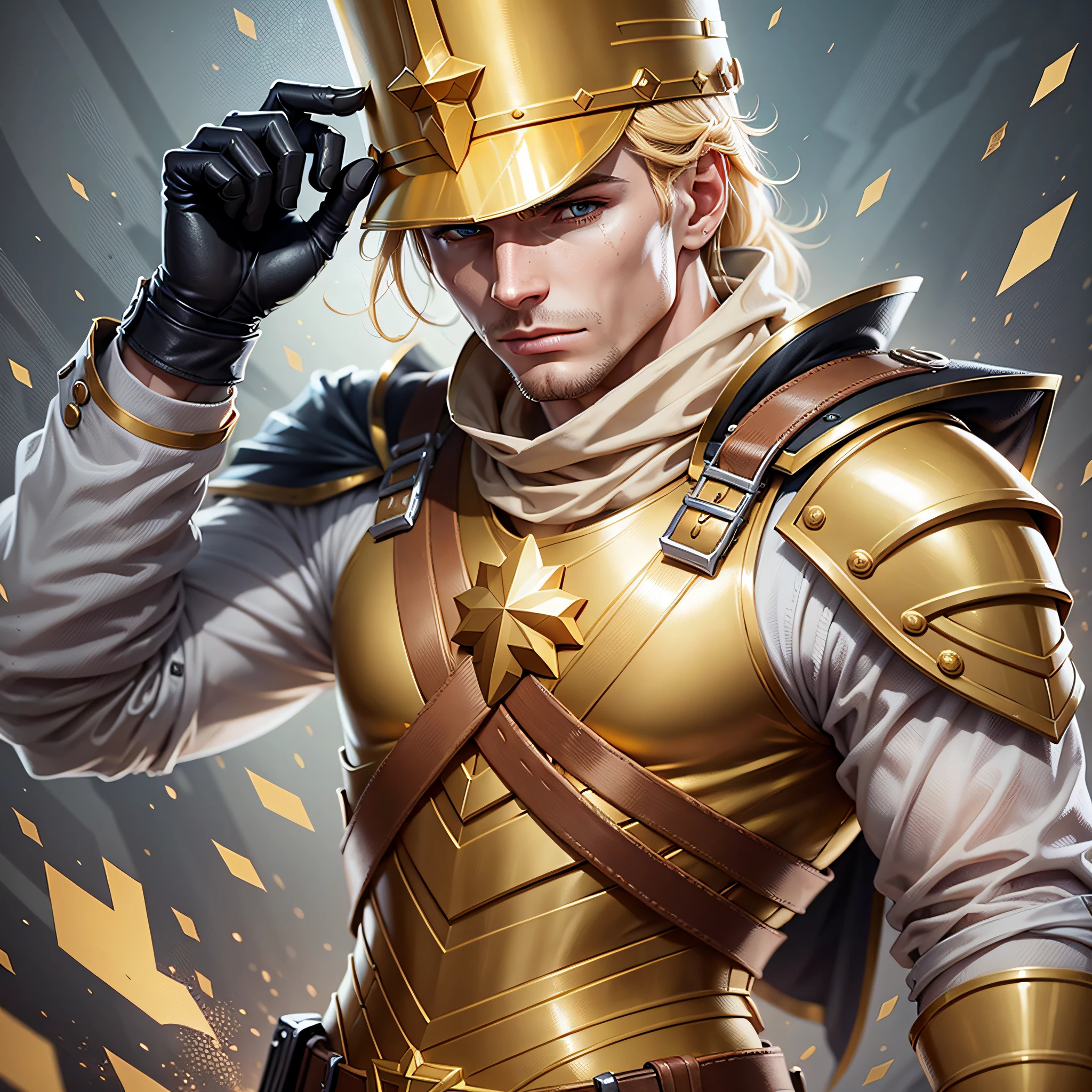Create a cartoon of a golden soldier that refers to wealth, money and something darker and more serious| best quality --auto --s2