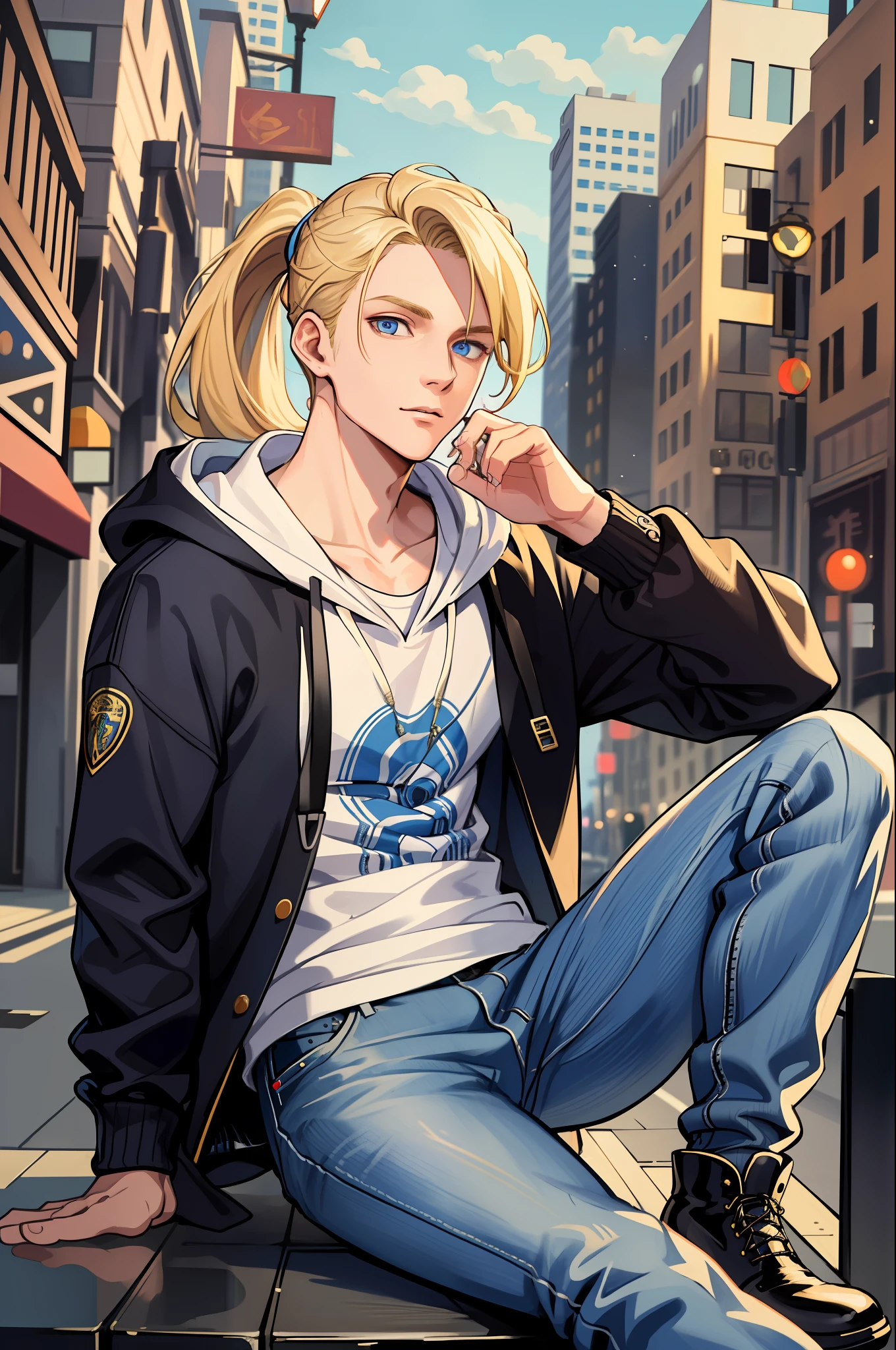 Masterpiece, high quality, absurdes, a guy, blonde hair, ponytail, detailed eyes and face, blue eyes, handsome face, charming, kind, relaxed, charismatic, perfect face, hoodie, long cardigan, lab coat, t-shirt, jeans, boots, city street background, intricate details, complex lighting