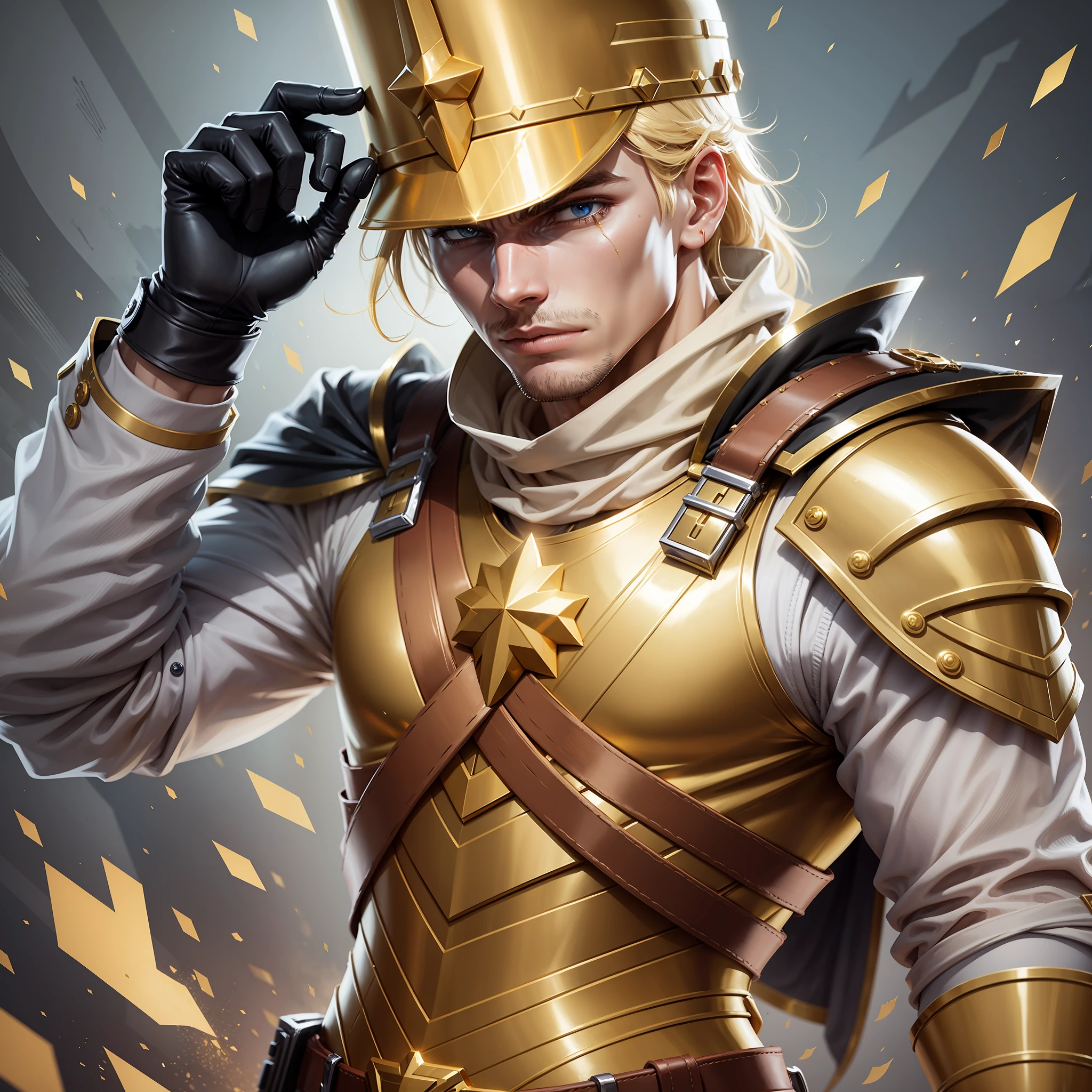 Create a cartoon of a golden soldier that refers to wealth, money and something darker and more serious| best quality --auto --s2