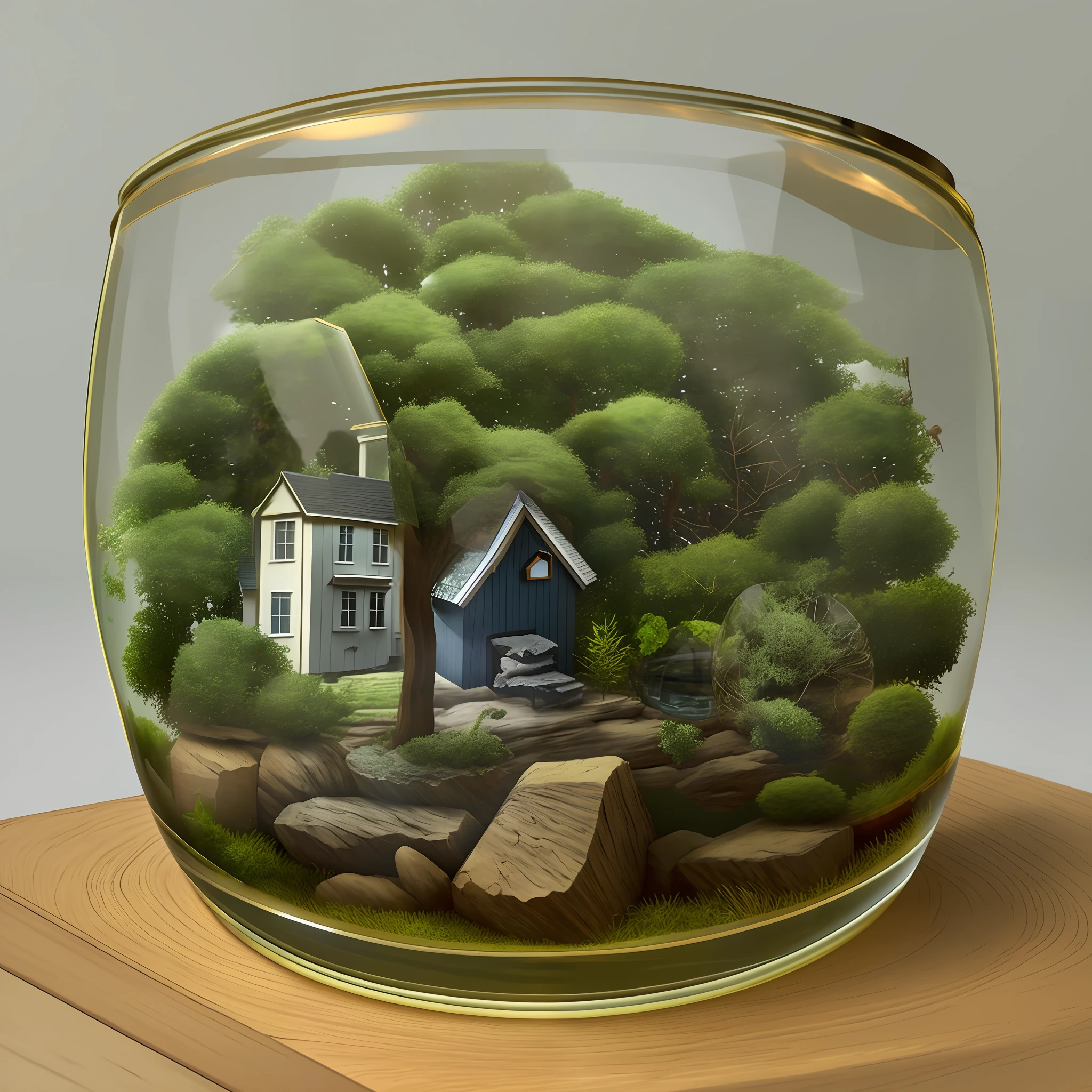 there is a glass jar with a house inside of it, graphic of enchanted terrarium, erik johansson style, rendered illustration, stylized as a 3d render, stylized 3d render, rendered art, stylized digital illustration, realistic 3 d style, depicted as a 3 d render, 3 d render stylized, a photorealistic rendering, high detailed illustration