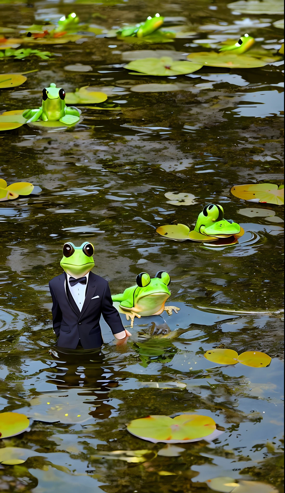 A frog in a suit in a pond